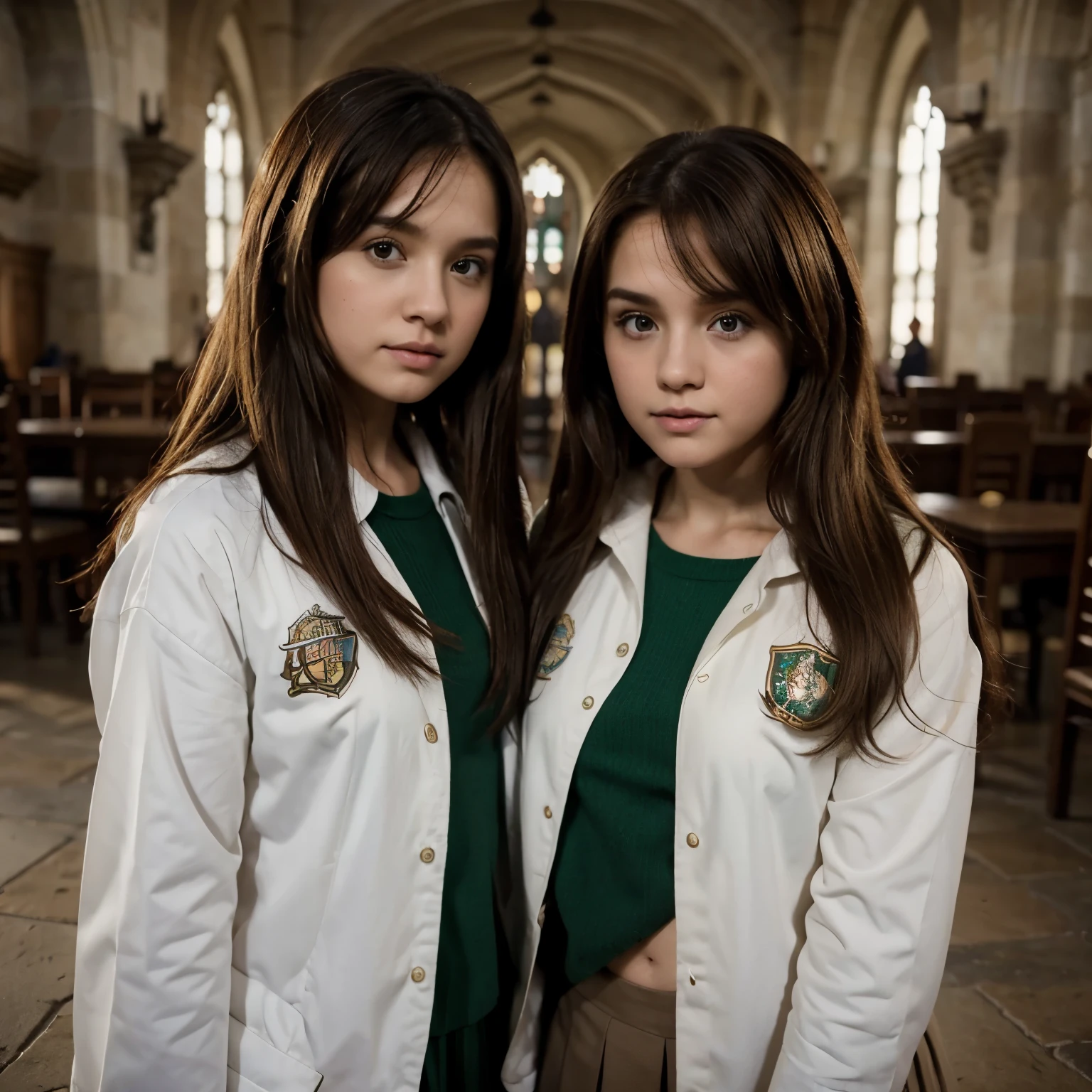 Photograph of two girls of the same height, una peli blanca, otra con el cabello rubio claro, both with brown and white eyes, bonitas, en hogwarts, con el uniforme de hogwarts, Slytherins