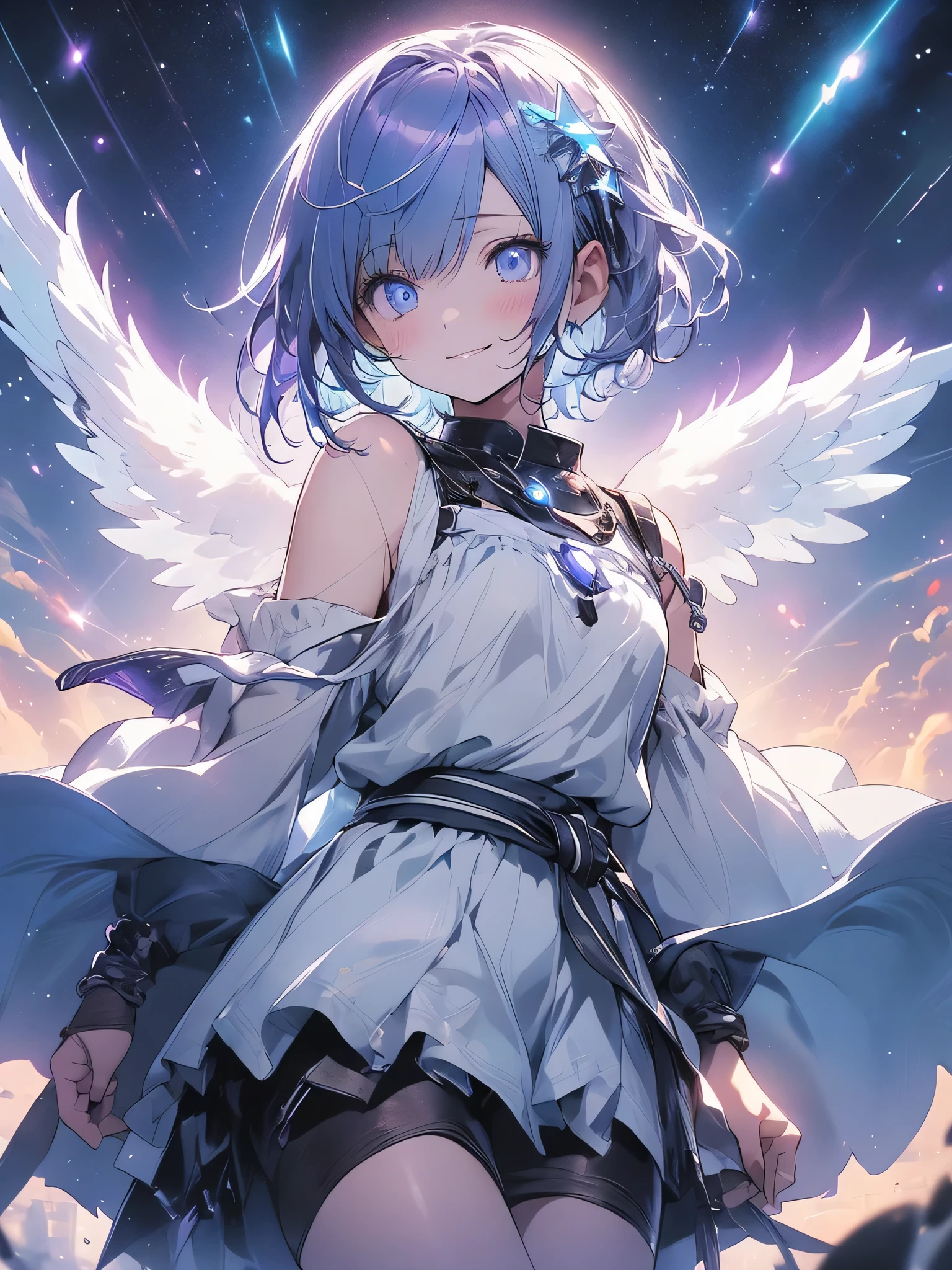 High resolution, Couboy Shot, looking at the viewer, No face or eyes,behind, (cent, small), (alone), equal scale reduction, sleep, (one cute girl:1.3), alone, white skin、 big smile、angel ring on head、A purple glowing circle floats above my head..、mini skirt、angel ring、eight-headed person, purple hair, (beaver:1.2), Mixed mesh and light blue、short hair, (dull bangs:1.2), beautiful hair, beautiful and detailed eyes, highly detailed eyes、sparkling eyes、octane number,cloud,Please wait、colorful starry sky,performer,Iridescent aura around the eyes、iridescent eyes、Narrowed eyes sucked in,Wearing a rainbow-colored aura from the whole body、purplish color, outdoor, Purple background, Shadow lighting,Hands folded behind the waist,Decisive pose、Detailed CG, (perfect hands, perfect anatomy)、stick out tongue(1:3)、Happier appearance