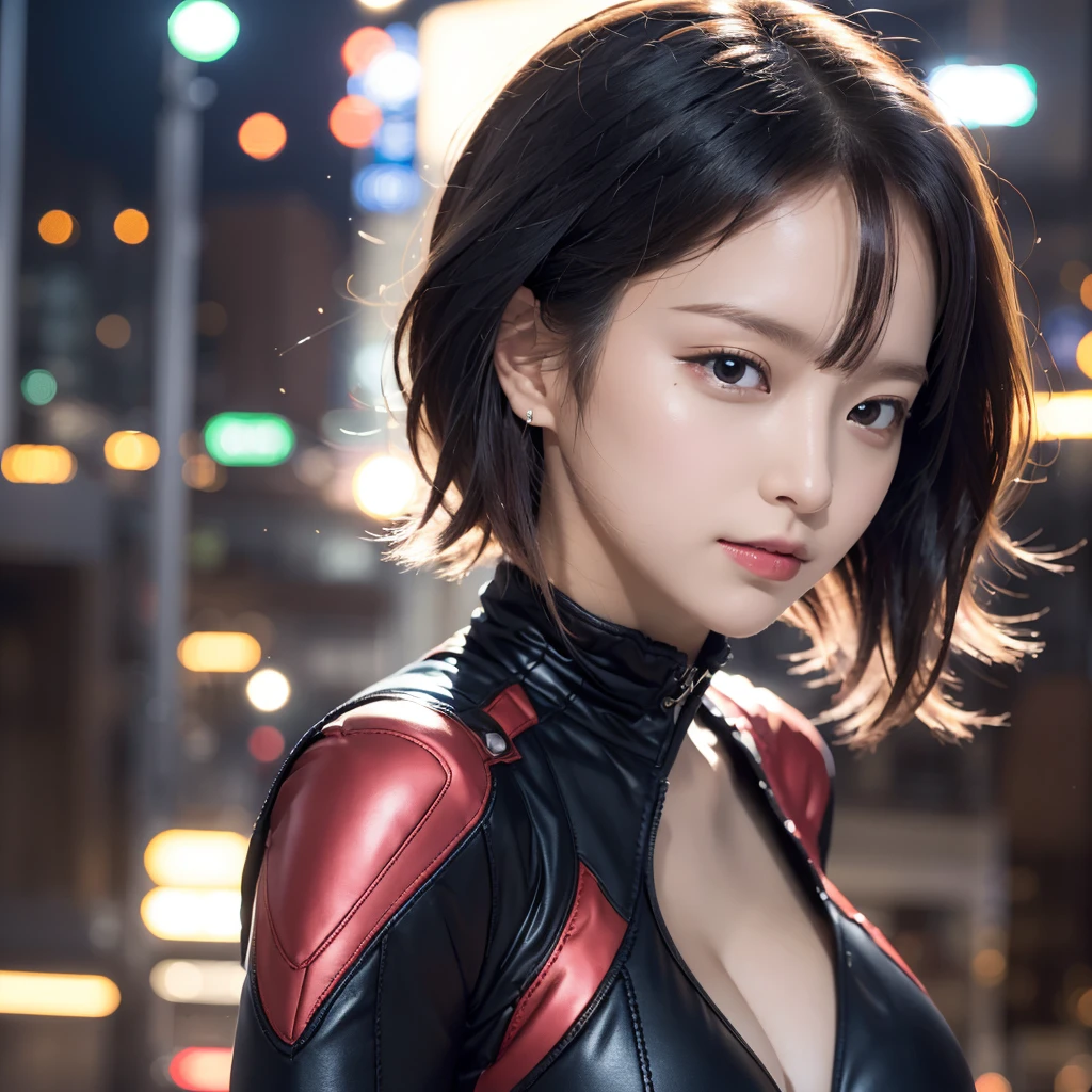 （8K，RAW photos，超高分辨率，best qualtiy，tmasterpiece：1.2），（photorealistic illustration），（Extremely detailed CG unifies 8K, 8K, Diamond, and Wallpaper），absurderes， 1个Giant Breast Girl，Marvel，beauitful face，Black Widow，short detailed hair，Whole body diagram，nigth，Rooftop，salama，Bokeh background