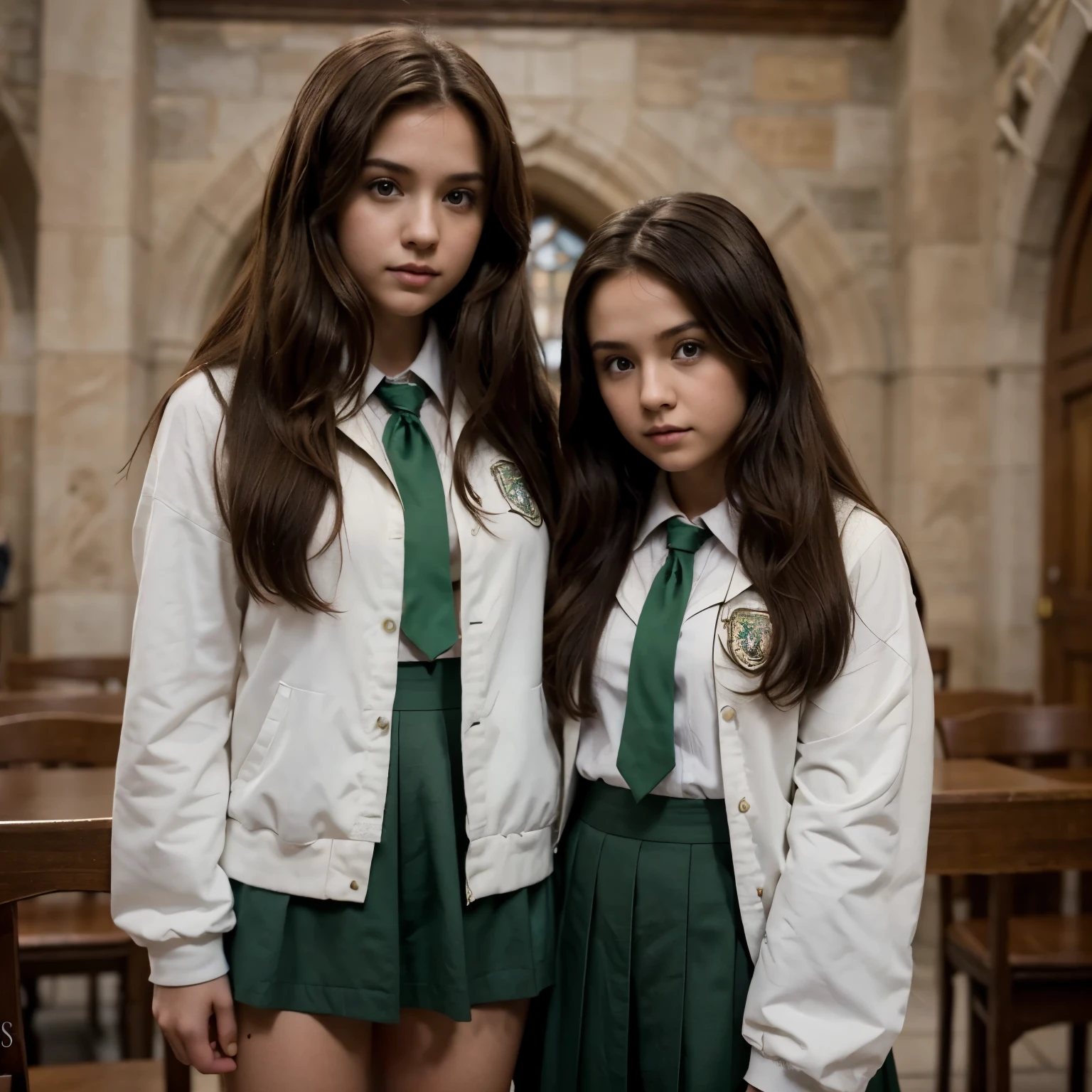 Photograph of two girls of the same height, una peli blanca, otra con el cabello rubio claro, both with brown and white eyes, bonitas, en hogwarts, con el uniforme de hogwarts, Slytherins