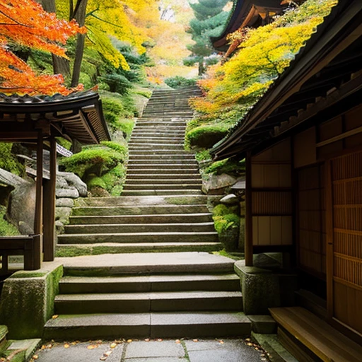 deep in the mountains,wooden,Temple of Japan,temple bell,Tesuisha,Jizo,waterfall,autumn leaves,端の方にJizoの像が小さく置かれている,stairs in the precincts,A family of fox animals is coming down the stairs.