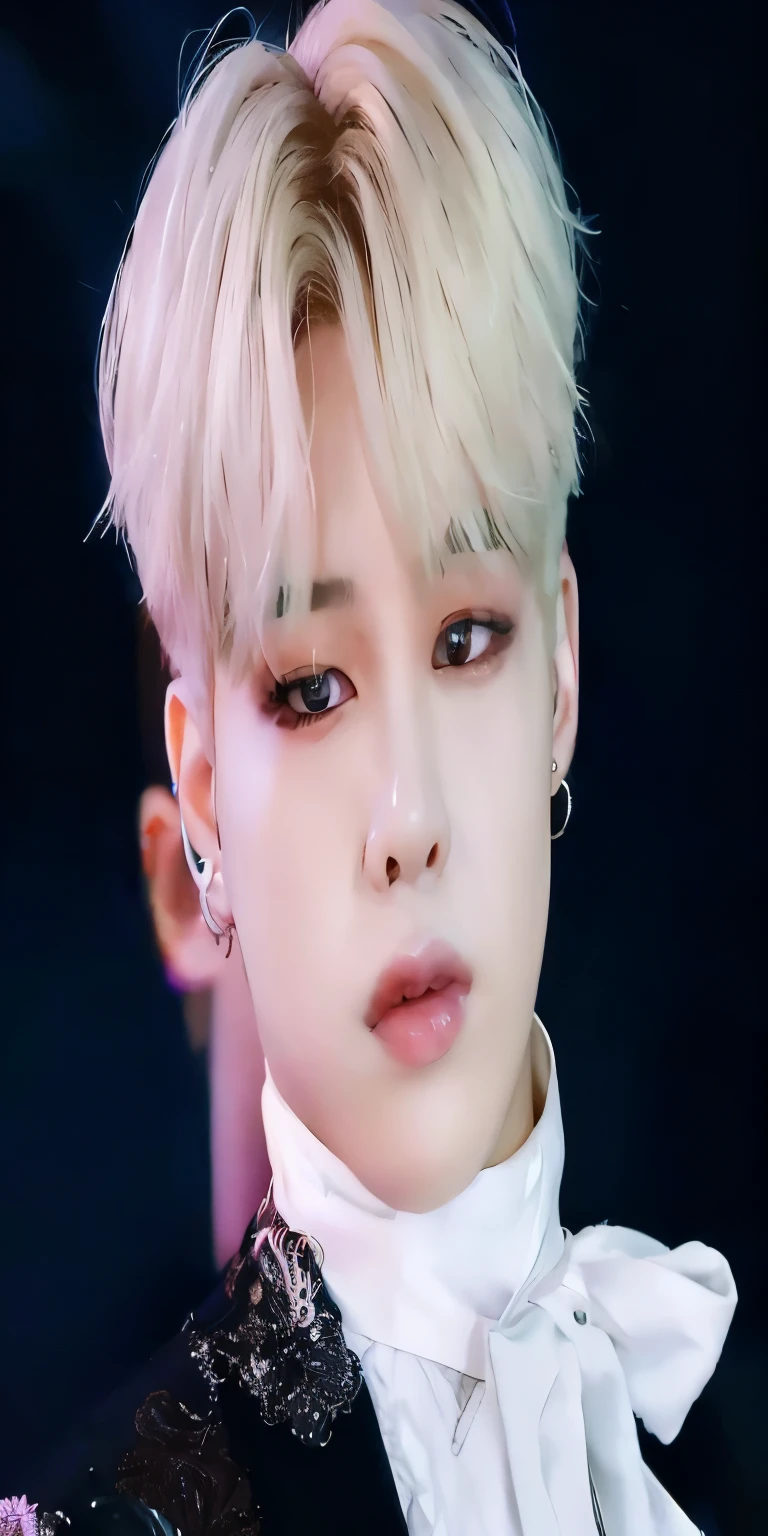 un primer plano de una persona con corbata y traje, Jimin\los labios carnosos, Jimin\his right eyelid is swollen, park Jimin, Jimin, Jimin\la nariz griega, accurate Jimin face, kpop idol portrait, el tiene pelos gris oscuro, jungkook, yoongi de pelo ?????, hyung tae, marca lee, retrato de jossi de blackpink