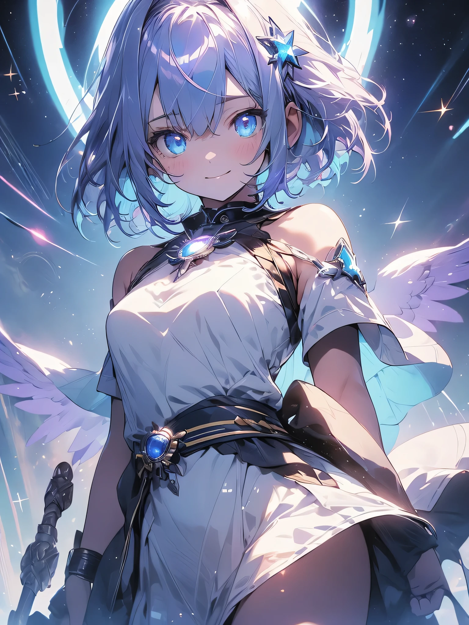 High resolution, Couboy Shot, looking at the viewer, No face or eyes,behind, (cent, small), (alone), equal scale reduction, sleep, (one cute girl:1.3), alone, white skin、 big smile、angel ring on head、A purple glowing circle floats above my head..、mini skirt、angel ring、eight-headed person, purple hair, (beaver:1.2), Mixed mesh and light blue、short hair, (dull bangs:1.2), beautiful hair, beautiful and detailed eyes, highly detailed eyes、sparkling eyes、octane number,cloud,Please wait、colorful starry sky,performer,Iridescent aura around the eyes、iridescent eyes、Narrowed eyes sucked in,Wearing a rainbow-colored aura from the whole body、purplish color, outdoor, Purple background, Shadow lighting,Hands folded behind the waist,Decisive pose、Detailed CG, (perfect hands, perfect anatomy)、stick out tongue(1:3)、Happier appearance