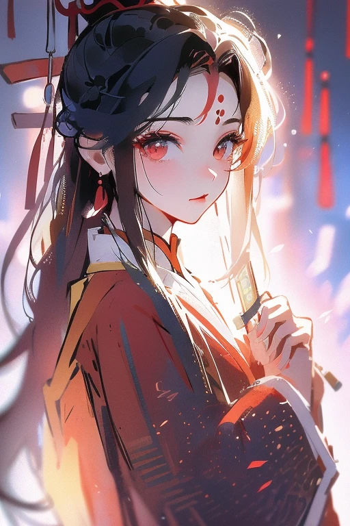 Charming illustrations,Portrait photography,whole body,a chinese girl,Wearing red Hanfu,silver long hair,There is a mole under my eyes,charming,