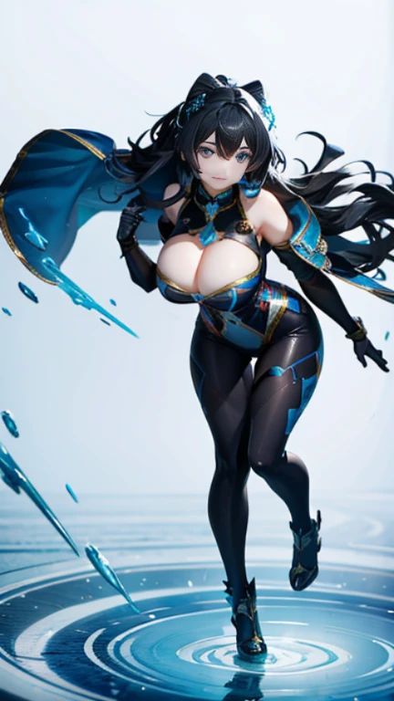 8k,1 girl,KARA、blue glowing eyes，big breasts，cute smile.Rim lighting,masterpiece,full body portrait、Precise three-dimensional effect,3D Works,ultra high resolution，8K,seductive cleavage,The background is the air,