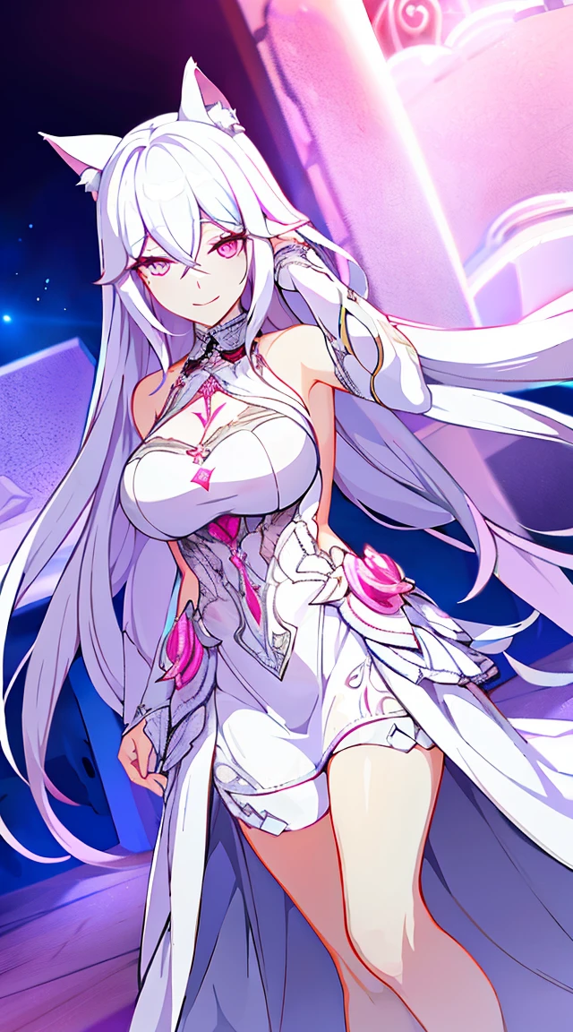 adult women, long white hair, cat ears, pink eyes, White luxury dress, open breast, white lipstick, Smile, masterpiece, high quality,Yuzu