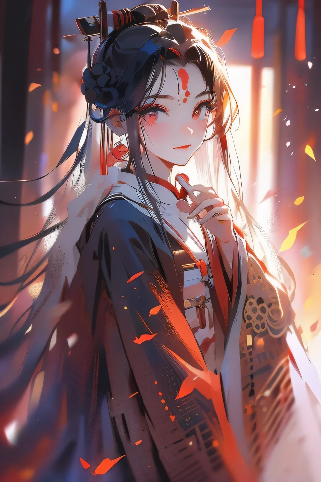 charming的插图,Portrait Photogram,whole body,a chinese girl,Wearing red Hanfu,silver long hair,There is a mole under my eye,charming,