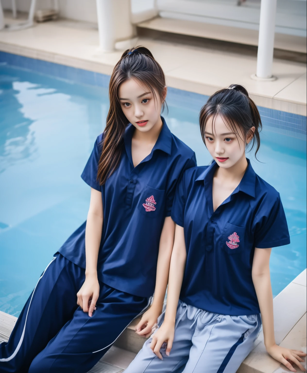 2 girls in the swimming pool, Navy blue short-sleeved shirt,Navy Long Trackpant,Sweatpants, Sweatpantsขายาว,25 year old girl, lesbian, sexy, exercise clothes, wet body