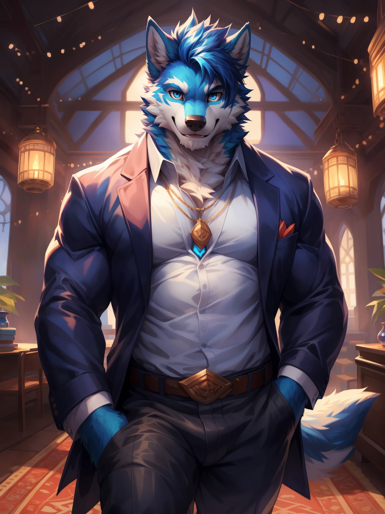 ((best quality)), ((masterpiece)), (Ultra detailed), ((4k)) , Solo , Anthro Wolf , Light Blue Fur , Black Short Hair , Beard , Handsone , Middle Ages , Muscle Big Pecs , Headphone , Tuxedo , Black Jean , Smirk , Stand Alone , bulge