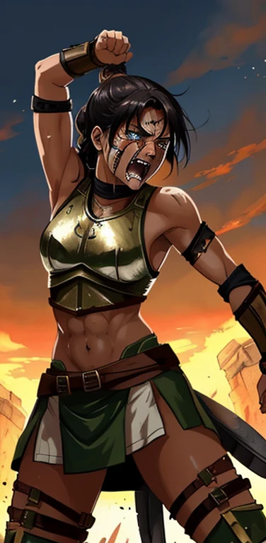 A Spartan warrior woman, battle crying, ready to die fight, fighting in the olld Spartan battlefields