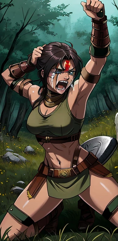 A Spartan warrior woman, battle crying, ready to die fight, fighting in the olld Spartan battlefields