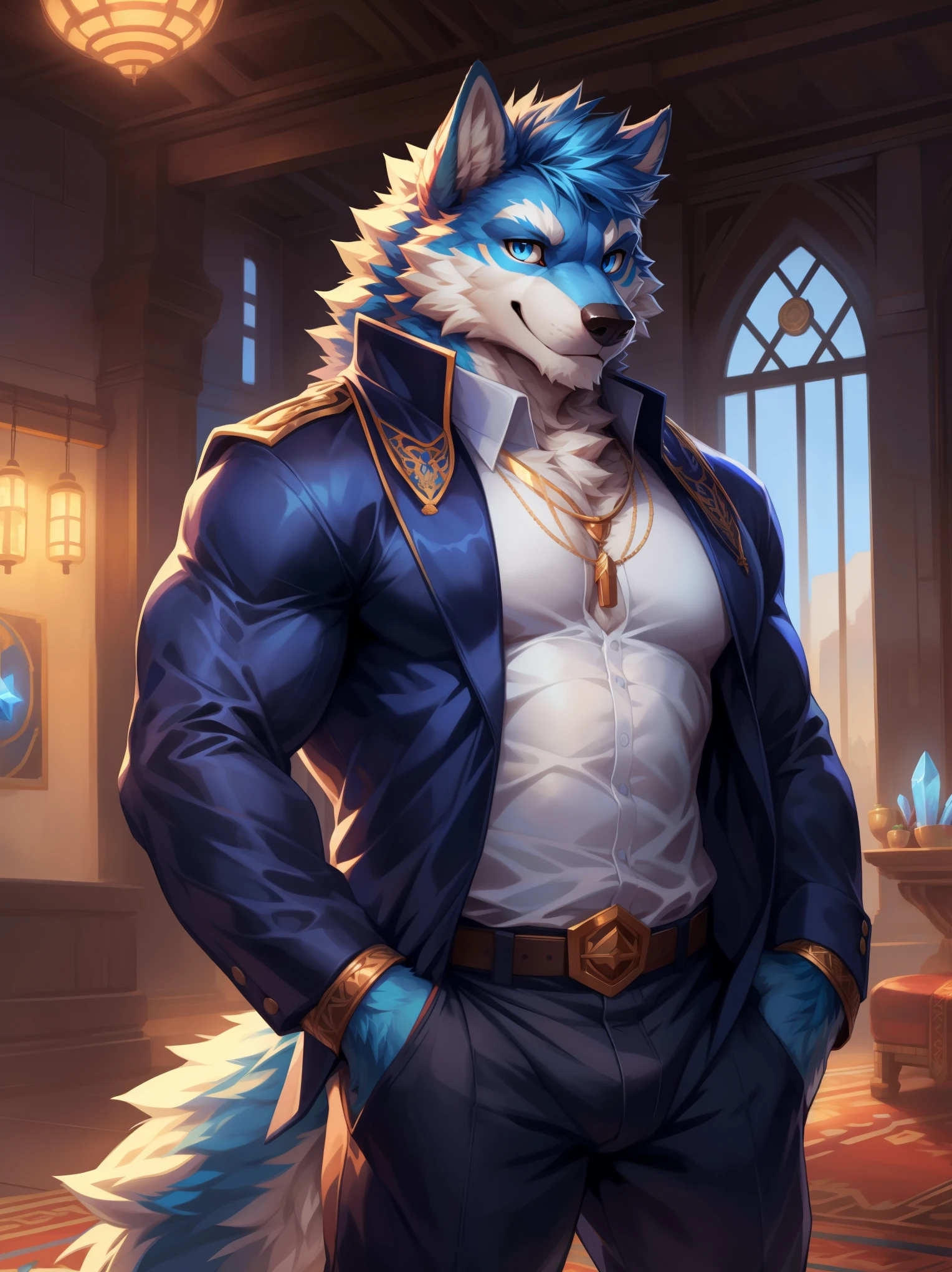 solo,anthro,furry,furry male, Wolf, ((fluffy fur,fluffy,furry body)), (Blue fur, ancient Wolf print), (blue body), Blue mohawk, blue eyes, short messy hair, tail, blue hair, sky blue eyes, detailed fluffy fur, Decorative coat, detailed face, detailed eyes, dark blue slack pants, Gold trimming, white shirt, crest, string necklace, crystal, blue pendant, detailed clothes, shirt, detailed jacket, slack pants, collared shirt, decorative belt, gold straps, white muzzle, full body, muscular, fantasy grand hall, (by null-ghost, by racoon21, masterpiece, high quality,hi-res,8k had), standing,close-view portrait, looking at viewer, indoor, lights, happy expression, smile, dark shadows, banners, pose, carpet, ships,