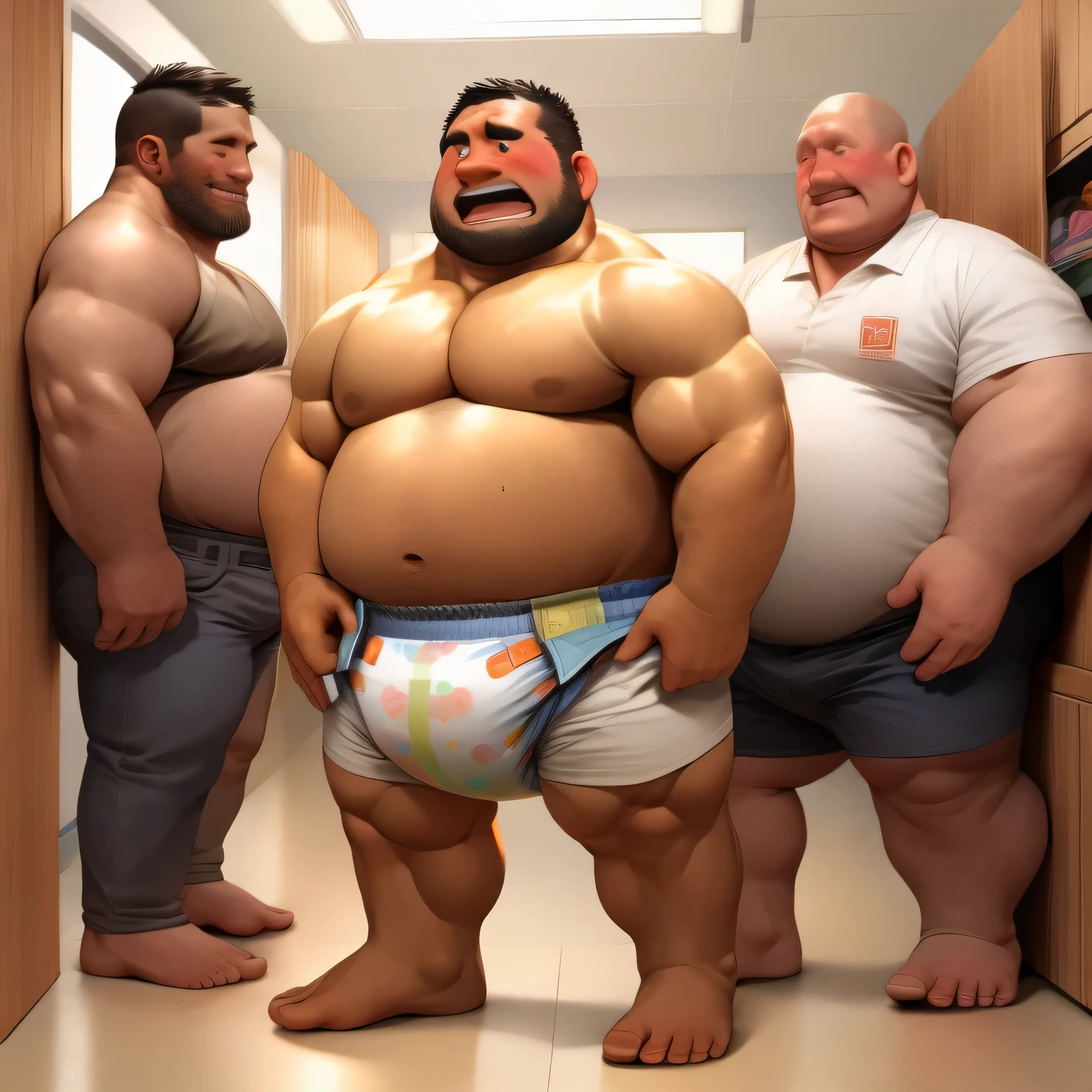 masterpiece, highest quality, At 16K, perfect fingers, very detailed, the fat man is a cruel prisoner, delay, human, 50s, (obesity: 1.0), fatty muscle, bowl leg, he is pressing his heels together, despondency, I was incontinent, 50s, Children check my diaper while standing, There is a small puddle under him, I was incontinent, naked, short legs, bowl leg, spread your legs, 厚手のオムツとDroolかけを着用してください, White diapers, nakedのお腹, naked足, naked足, nakedの靴底, 上半身naked, wide forehead and short thin hair, A man with a big face and stubble, naked足, nakedの靴底, shy, sob, embarrassing, bright skin tone, Drool, round face, vapor, alone, She enters a nursery school but is looked down upon by the children., he was surrounded by children, his ass is wet, naked足
