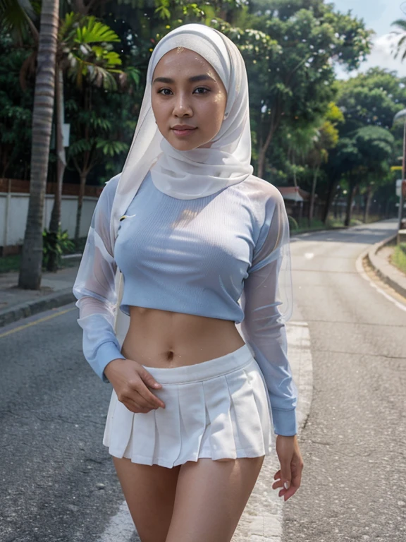 best quality, high resolution, beautiful Malay woman in hijab, soft smile, beautiful women wear white hijab, bright sunshine, using Indonesian Senior High School uniform shirt, using laced white panties, using light blue transparent mini skirt, photorealistic, realistic, sweat skin, small breast, walking on foot on the side of the road in tropical country