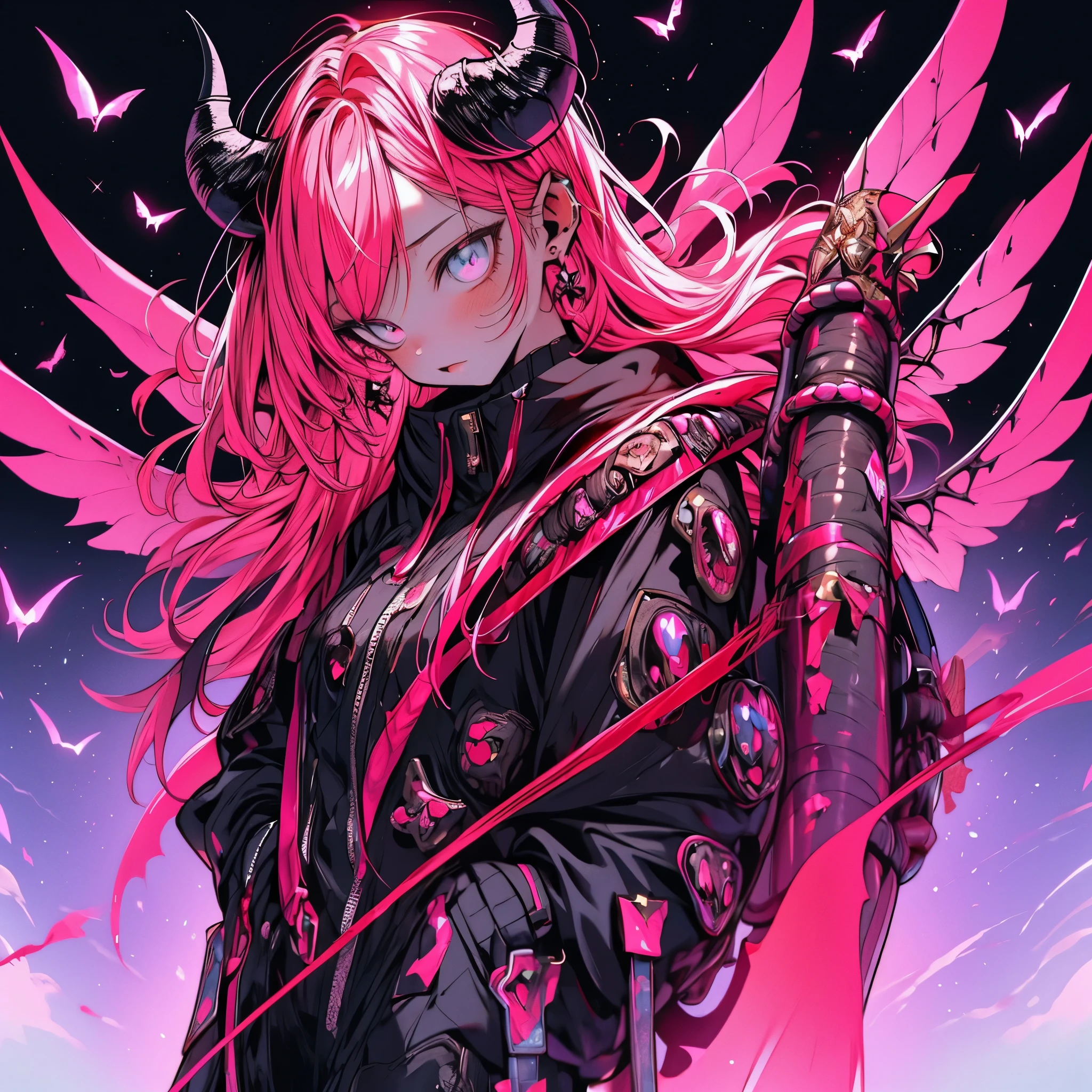 high quality full body, highly detailed, 8K Ultra HD, beautiful, 18 year old evil demon with wings, horns on head, glowing pink hair, full body, powerful nebula and blackhole flying In the background, luminescent light floating from the ground, calendario maya and pendulos brillantes neon-lit. Extremely detailed, high-quality, hyper-realistic, masterpiece photography.