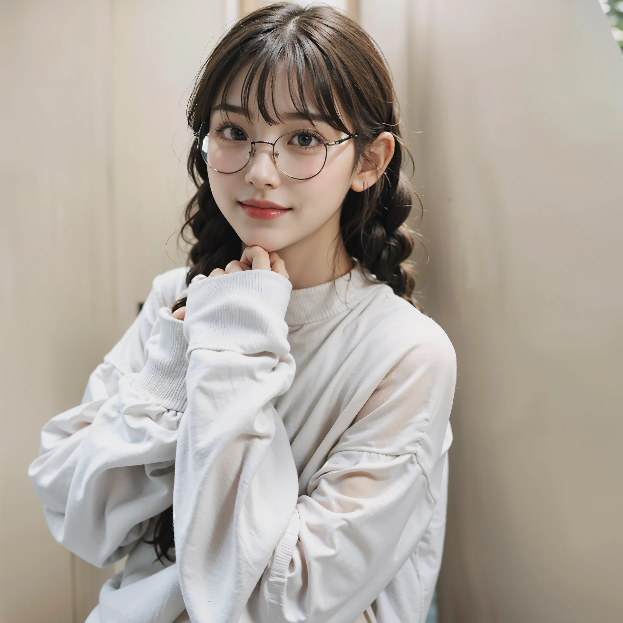 Top quality, one beautiful woman, 20 years old, 35mm lens, f/1, dark brown eyes, glasses, braids, black hair, pale skin, medium chest, slendar body  look at viewer, smile, turtleneck, knit