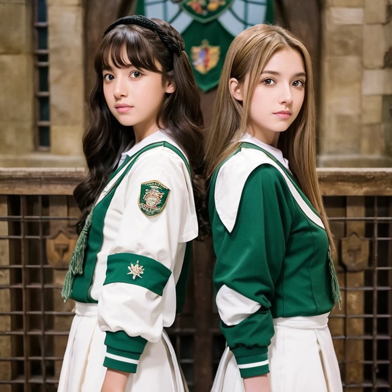 Photograph of two girls of the same height, una con cabello blanco, otra con el cabello rubio claro, both with brown and white eyes, bonitas, en hogwarts, con el uniforme de hogwarts, Slytherins, hijas de grindewald.