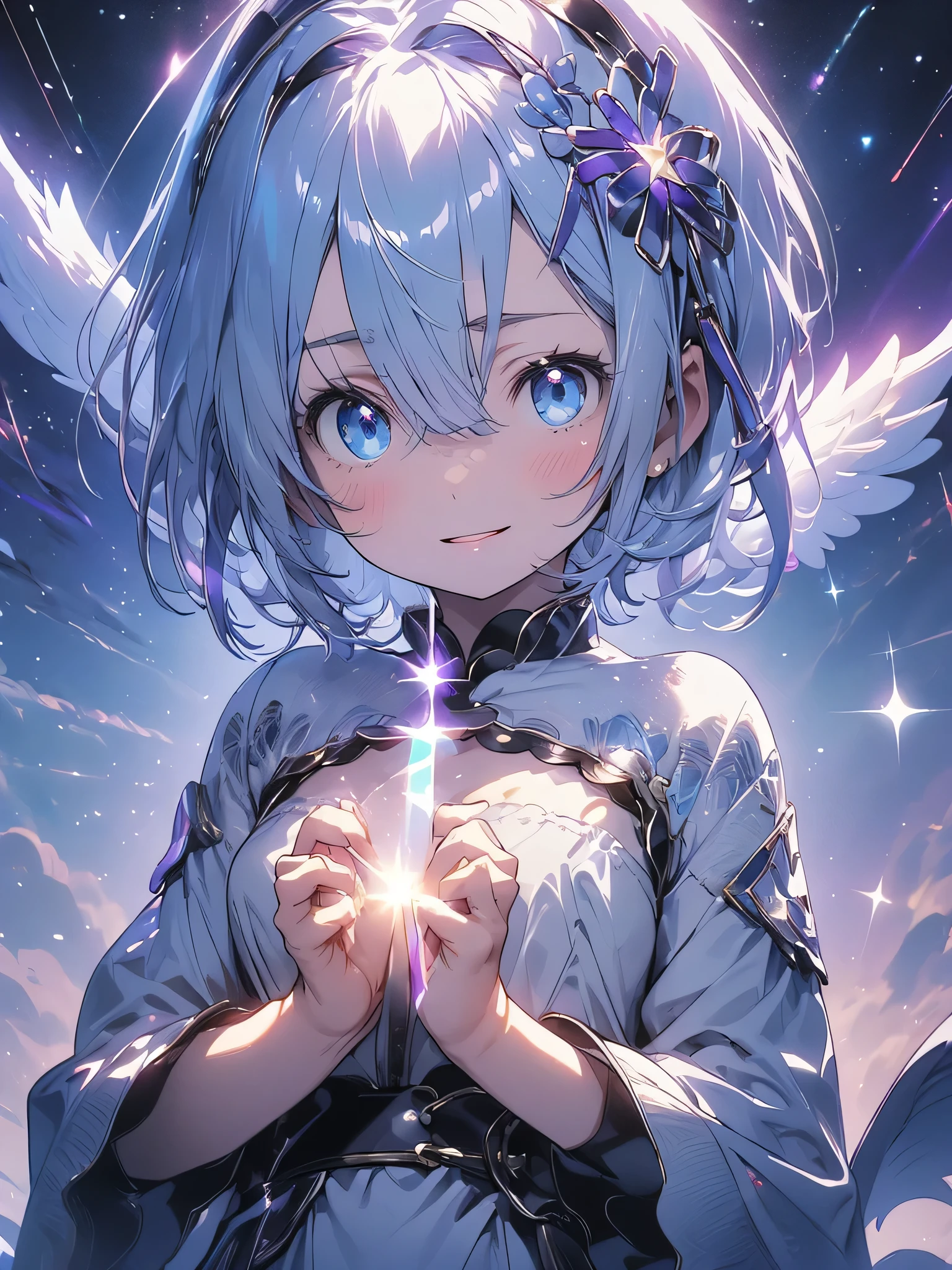 High resolution, Couboy Shot, looking at the viewer, No face or eyes,behind, (cent, small), (alone), equal scale reduction, sleep, (one cute girl:1.3), alone, white skin、 big smile、angel ring on head、A purple glowing circle floats above my head..、mini skirt、angel ring、eight-headed person, purple hair, (beaver:1.2), Mixed mesh and light blue、short hair, (dull bangs:1.2), beautiful hair, beautiful and detailed eyes, highly detailed eyes、sparkling eyes、octane number,cloud,Please wait、colorful starry sky,performer,Iridescent aura around the eyes、iridescent eyes、Narrowed eyes sucked in,Wearing a rainbow-colored aura from the whole body、purplish color, outdoor, Purple background, Shadow lighting,Hands folded behind the waist,Decisive pose、Detailed CG, (perfect hands, perfect ???????)、stick out tongue（1:3）、Happier appearance