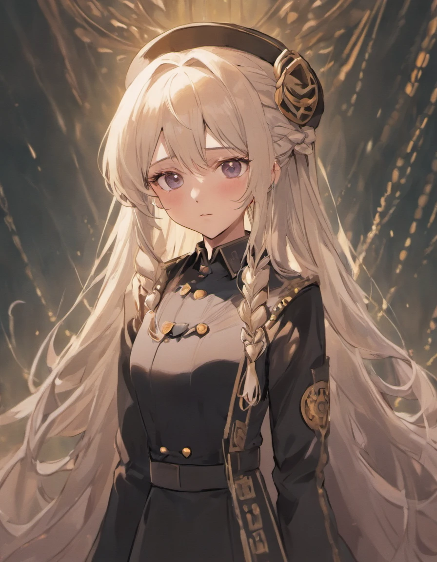 Long white hair tied in braids,Wearing black military uniform,With an officer's cap,Wearing a monocle,Eyes blank