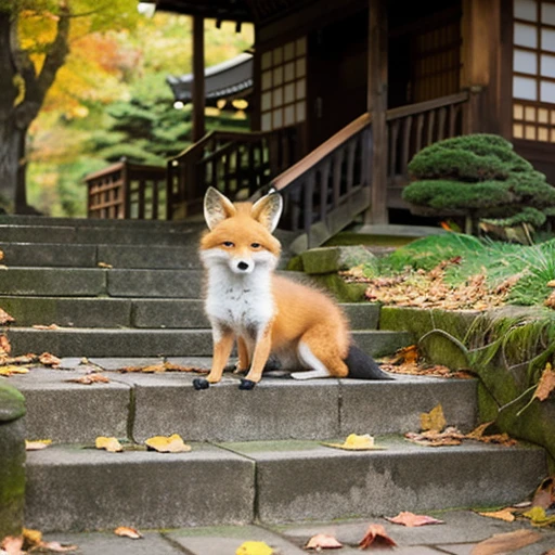 A realistic fox cub is sitting on the stairs facing straight ahead.,wooden,Temple of Japan,temple bell,Tesuisha,Jizo,waterfall,autumn leaves,端の方にJizoの像が小さく置かれている,stairs in the precincts,deep in the mountains