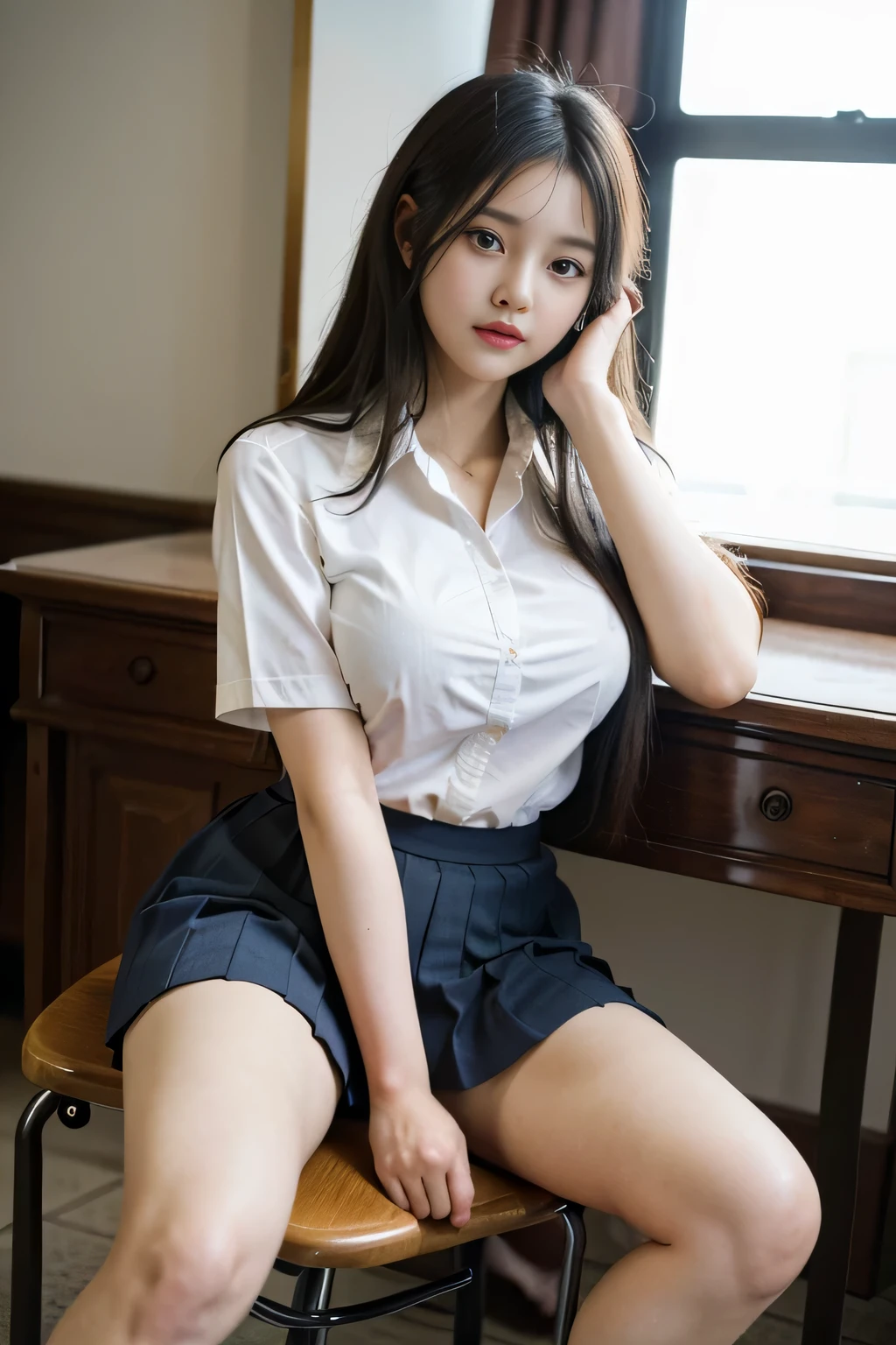 (((big breasts:1.3、saggy breasts:1.4、Raw photo,At 32K、Super highest resolution、Super best image quality、super highest quality、At 32K resolution、photorealistic1.5、Sharpest image quality、clear image、マスターmasterpiece、People photography:1.photorealistic, masterpiece: 1.hotorealistic、sharp focus、high definition、low angle shot、Skirt Lift Up 1.4、open crotch 1.4)))、((20-year-old、very cute high school girl))、(Indonesian girls school uniform)、(Wearing Indonesian school uniform) )、(Indonesian Uniform)、(ハイパーreal high school girl)、(Dressed as a 、ハイパーreal high school girl)、wearing a uniform、real high school girl、wearing a uniform女の子、wearing a uniform、whole body、beautiful skin、glowing skin、nice thighs、Shining thighs、shining legs、((in crowded classroom)) (Long socks below the knee and Converse shoes)、perfect body、wet body: 1.3、tanned skin、足から髪の毛までwhole body、sexy pose、sexy look、Sexy shots、Indonesian 、
