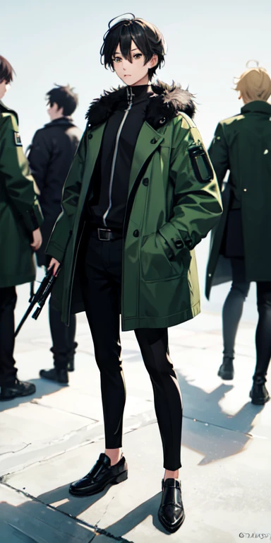 ((best quality)), ((masterpiece)), (detailed),full body anime picture of a male squad member , green outfit , 1 person , coat , squad