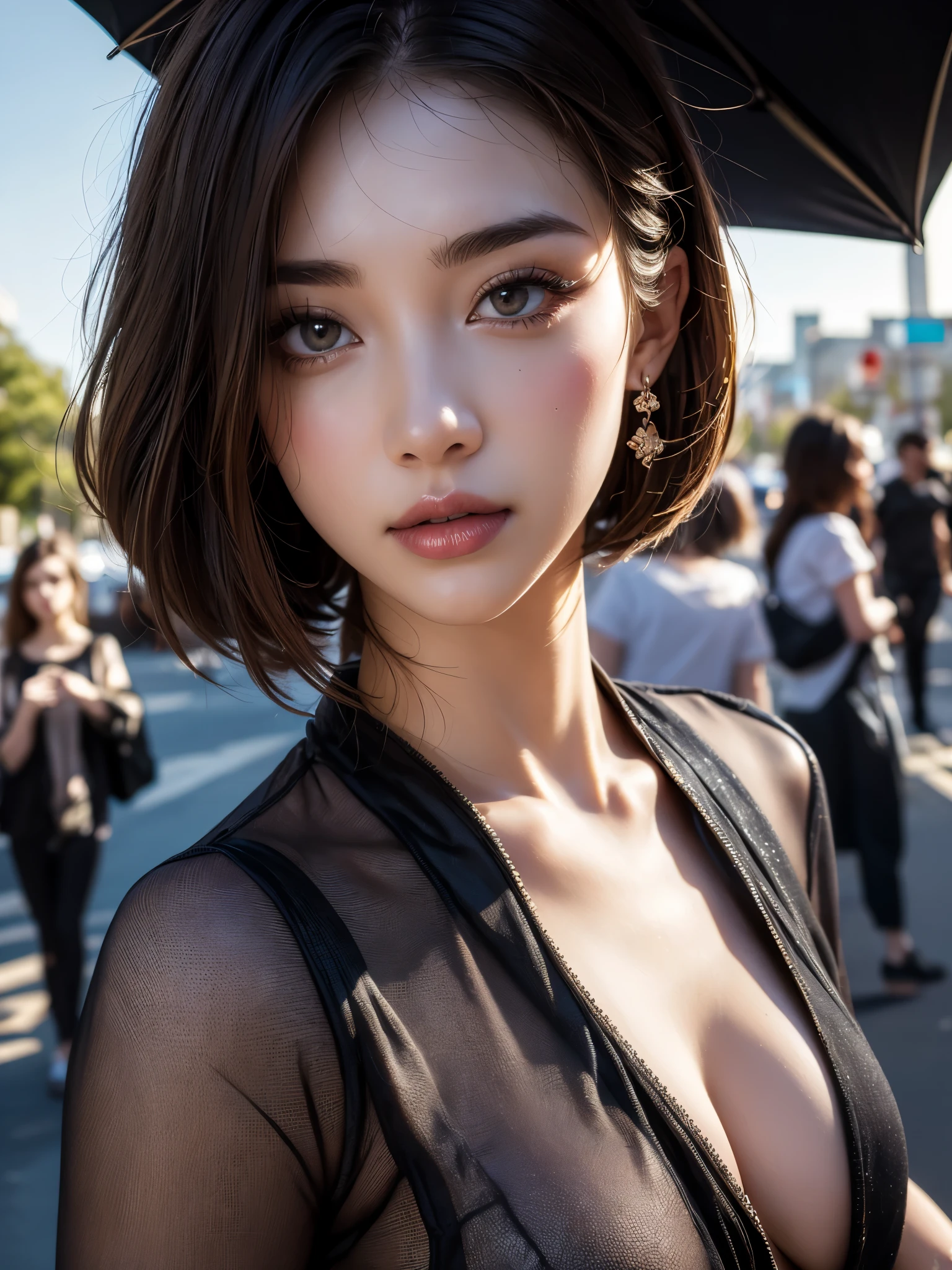 beautiful girl, bust, Bright red messy short hair, black eye shadow, (street style wear:1.2), (city background:1.2), dark makeup, The art of math, Popular topics on Artstation, highly detailed, fine details, complex,  beautiful detailed glow, detailed, Light, high resolution, detailed facial features,sharp focus, Light滑的, aesthetic,