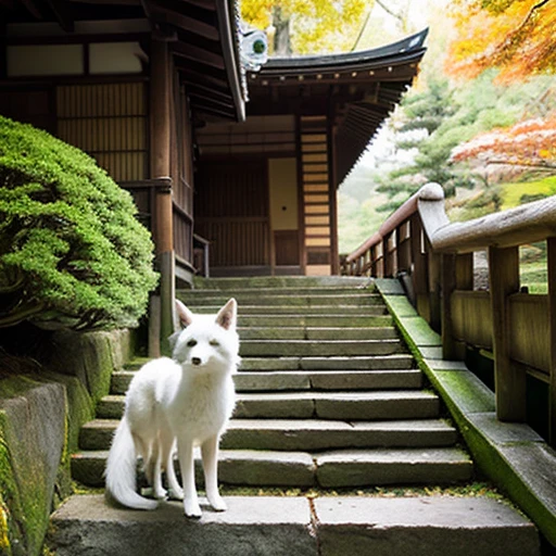 A pure white fox cub is sitting on the stairs facing straight ahead.,wooden,Temple of Japan,temple bell,Tesuisha,Jizo,waterfall,autumn leaves,端の方にJizoの像が小さく置かれている,stairs in the precincts,deep in the mountains