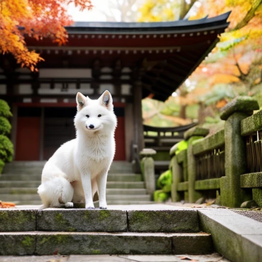 A fat pure white fox is sitting on the stairs, facing straight ahead.,wooden,Temple of Japan,temple bell,Tesuisha,Jizo,waterfall,autumn leaves,端の方にJizoの像が小さく置かれている,stairs in the precincts,deep in the mountains