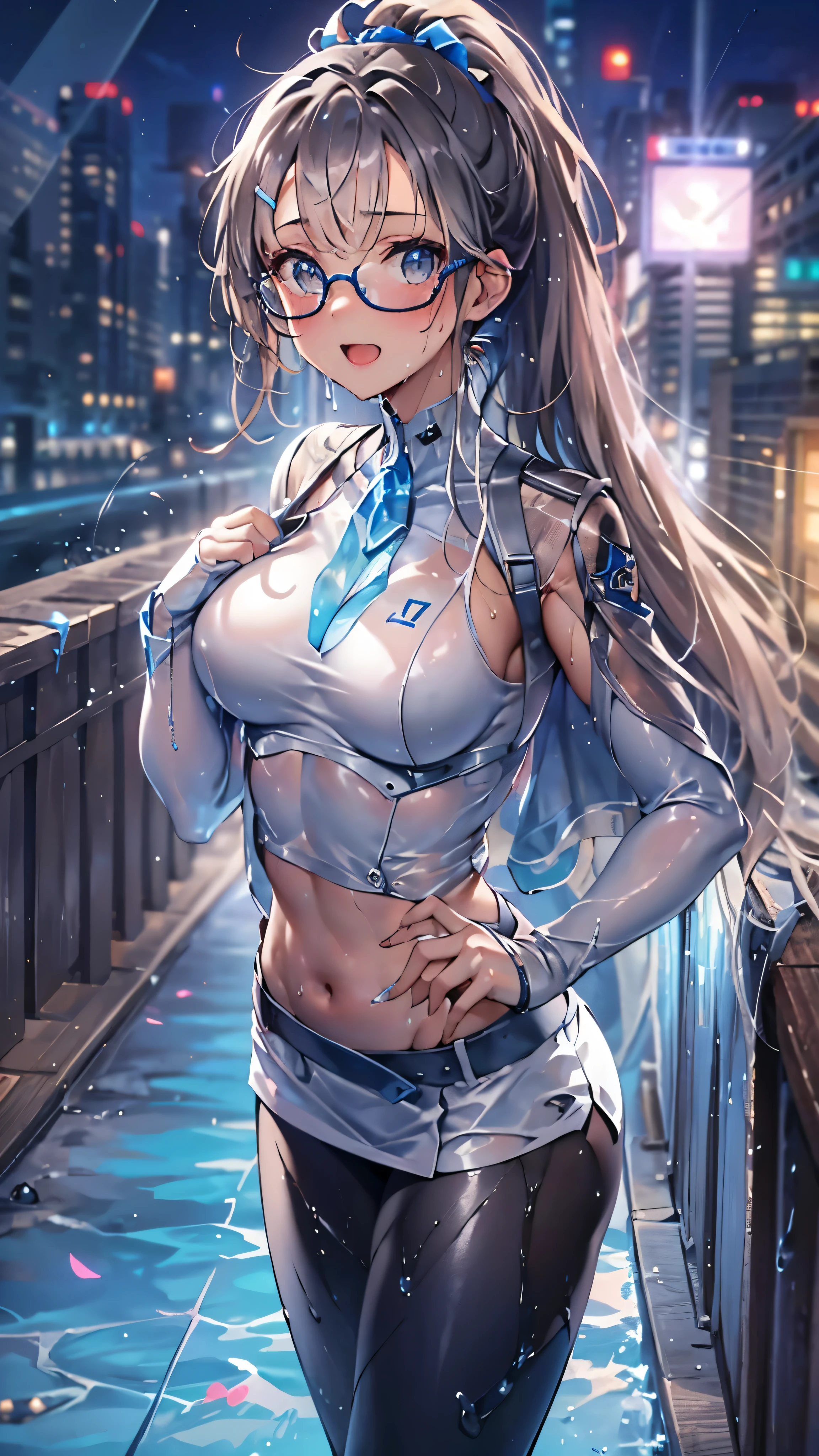 woman,,,city,night,(((white and blue tight miniskirt bodysuit))),(wet with sweat),open mouth smile((See-through))Glasses,((Beautiful long ponytail)),((baby girl bo)