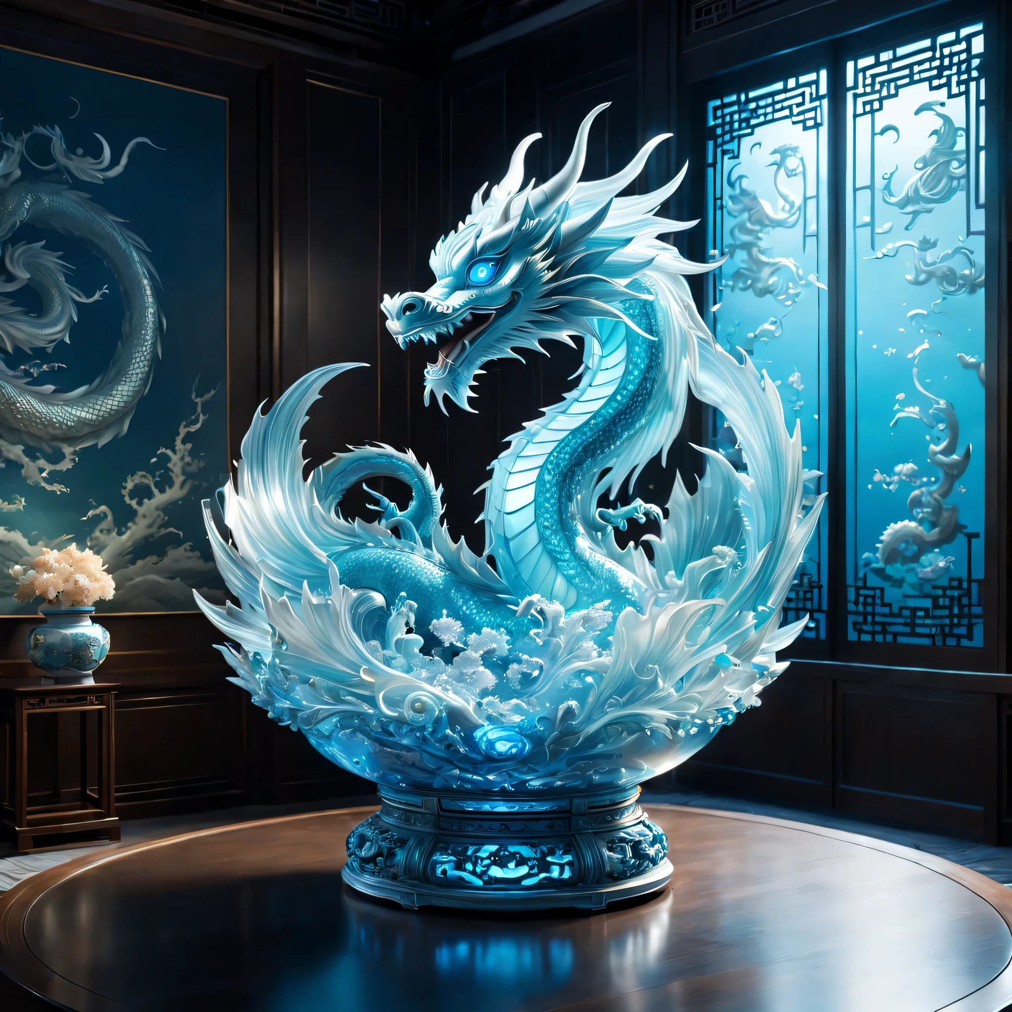 A dragon is displayed in an empty room, RococoStyle, Crystal nuclei, Realistic light depiction, interesting and complex, light blue, hidden academia, World pattern,The body of the vase is illuminated by light, RococoStyle, futuristic elements, Crystal nuclei, Chinese iconography, swirl, light blue, giant money sculpture, Futuristic fantasy style, light blue, An intricate underwater world, Realistic light depiction, clear colors, Crystal nuclei, Light cyan and white, An intricate underwater world风格, Crystal nuclei, chinapunk, swirl, light blue, Glowing portrait, light box,(best quality,4K,8k,high resolution,masterpiece:1.2),super detailed,(actual,realistically,lifelike:1.37),extremely detailed glass vase,There is a dragon on it,super detailedscp神器可以,Complex and gorgeous anime CGI style,Exquisite renderings of the Tang Dynasty,Better than Paul and James Ginn,complex artwork. Guilty car rendering,Complex 8K rendering,8k vray rendering,rendering art,filled with glass. Computer Graphics Association,High quality rendering