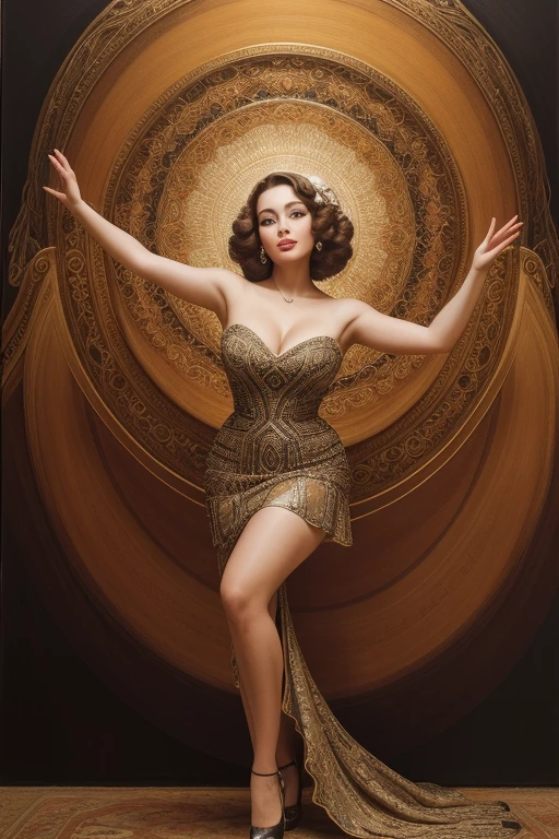 Masterpiece of Art Deco elegance, a beautiful woman with cascading brown locks graces the canvas, catching the essence of a bygone era. Her voluminous skirt swirls around her, casting a mesmerizing trail as she gracefully dances, lost in the rhythm of the music. Her breasts, large and full, are tastefully accentuated by the intricate details of her dress, adding to the allure of this stunning full-body shot. The use of high contrast and rich colors in the painting brings out every detail, highlighting the woman's captivating beauty in the finest of details.