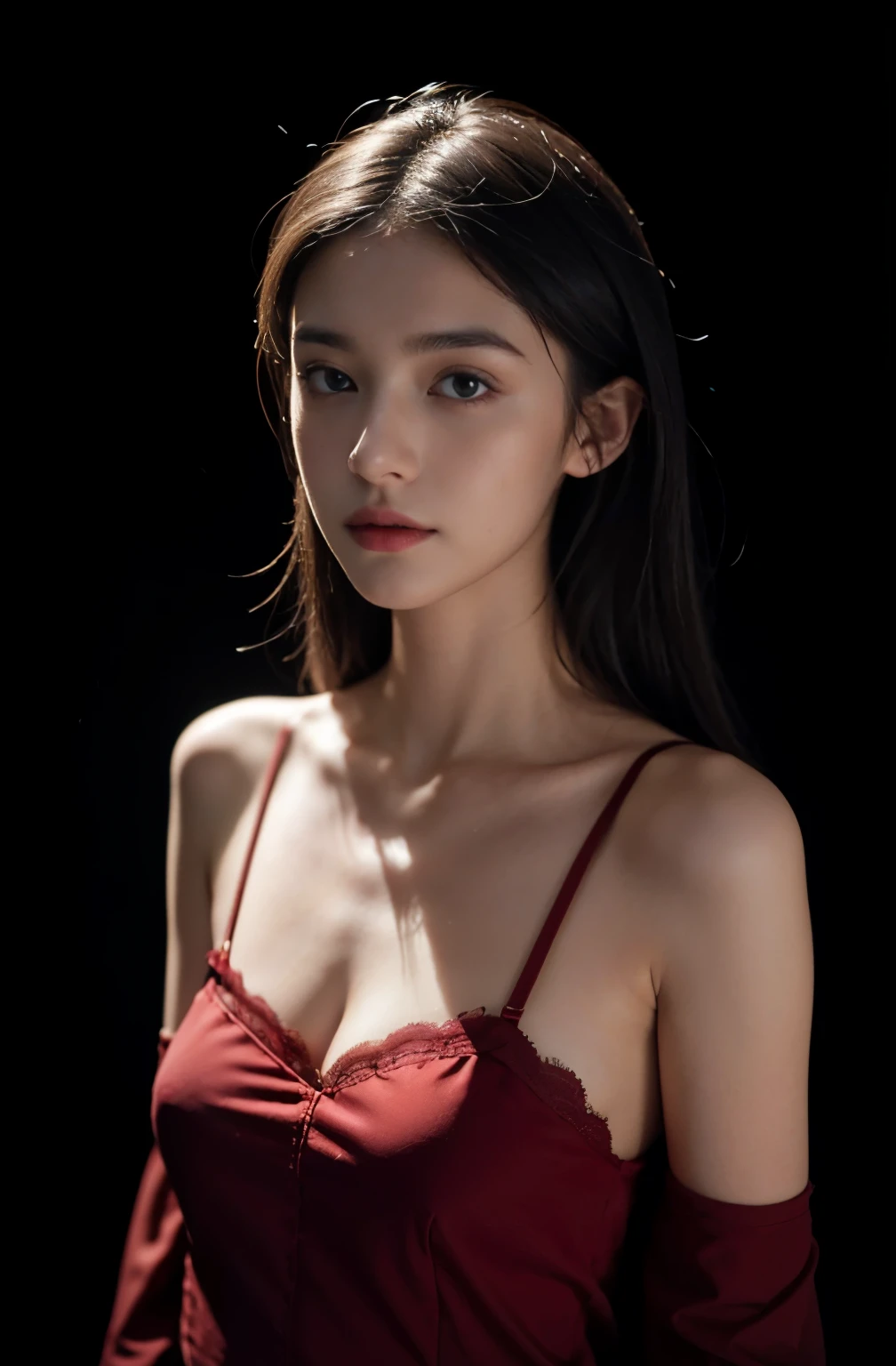 best quality，masterpiece，ultra high resolution，（Realism：1.4），RAW photos，1 girl，Off the shoulders，in the dark night，deep shadow，low pitch，cold light，long white hair，broken to pieces，face highlight，pure，girly，Flush，18 years old，Thin shoulder strap underwear，Red Lingeri