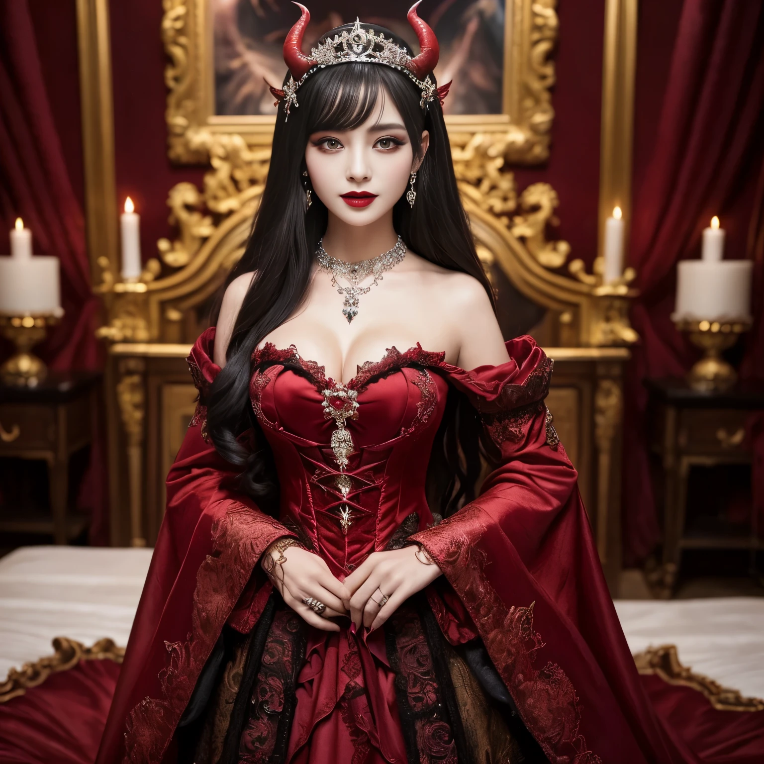 (highest quality、masterpiece、Award-winning work、best image quality、highest resolution、8K、Ultra high definition)、the most beautiful devil princess、(the most extravagant demon princess'The finest dresses:1.1)、(The most luxurious and exclusive intricate costumes:1.1)、(The most complex and detailed textures:1.1)、(The finest evil dress with the most detailed and intricate decoration:1.1)、(The most luxurious and highest quality giant tiara:1.1)、(The most luxurious and highest quality giant necklace:1.1)、(The most realistic textured devil horns:1.1)、(Fine jewelry decoration throughout the body:1.1)、A bewitching smile staring at me、Evil tattoo、Evil decoration、finest costumes、enchanting devil princess、big breasts、perfect makeup、evil eyeshadow、long eyelashes、black lipstick、accurate anatomy、cowboy shot、(blurred background)、(The background is the finest princess bedroom:1.2)、Spooky decoration、Evil decoration、epic movie lighting、romantic and moody