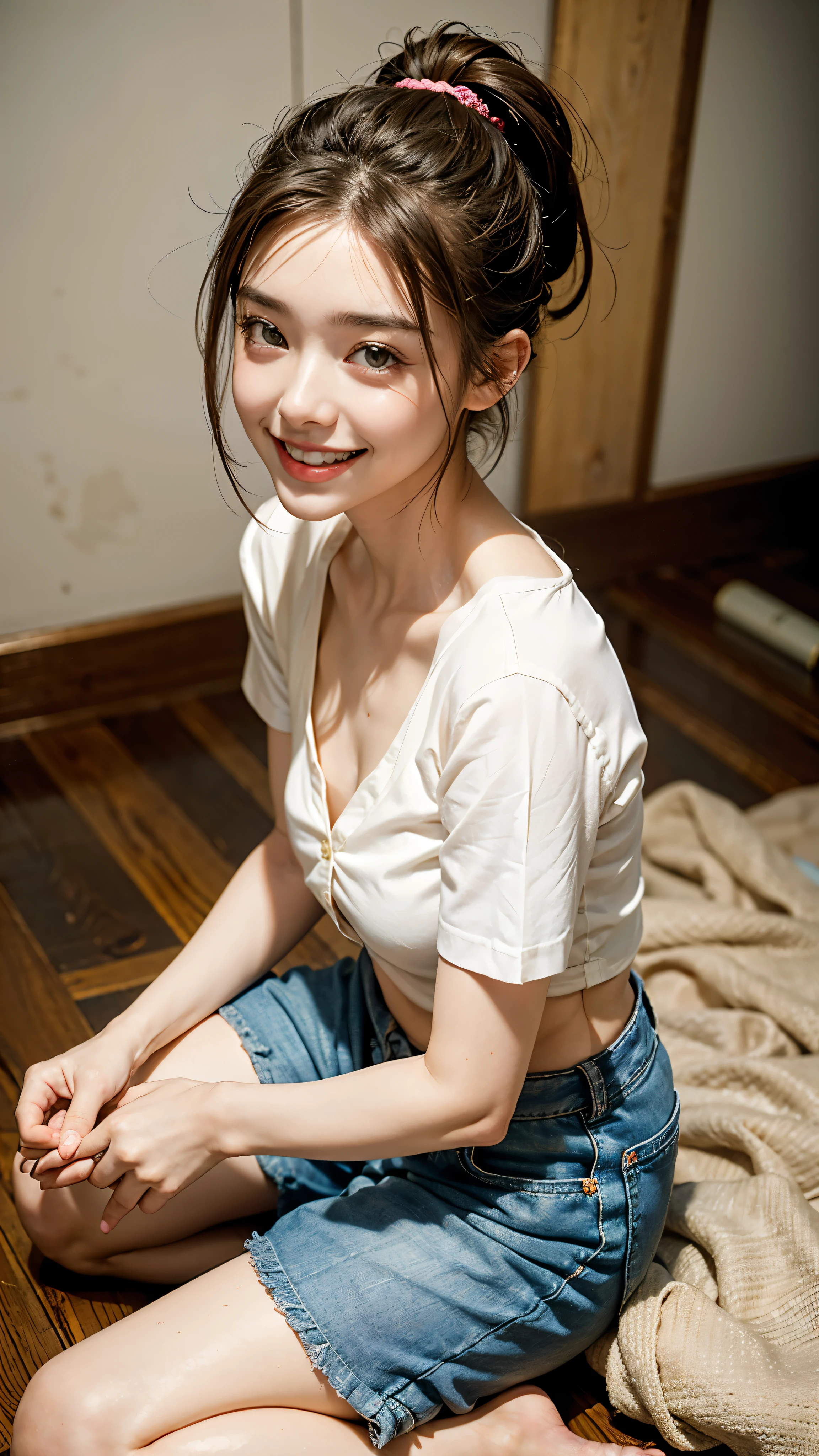 Best image quality, Focus, Soft light, Black hair, (Japanese)), (((Front, 15 years old))), (Depth of field), Ultra high resolution, (Real: 1.4), RAW photo, ((pajamas)), , bed room , indoor, smiling face
