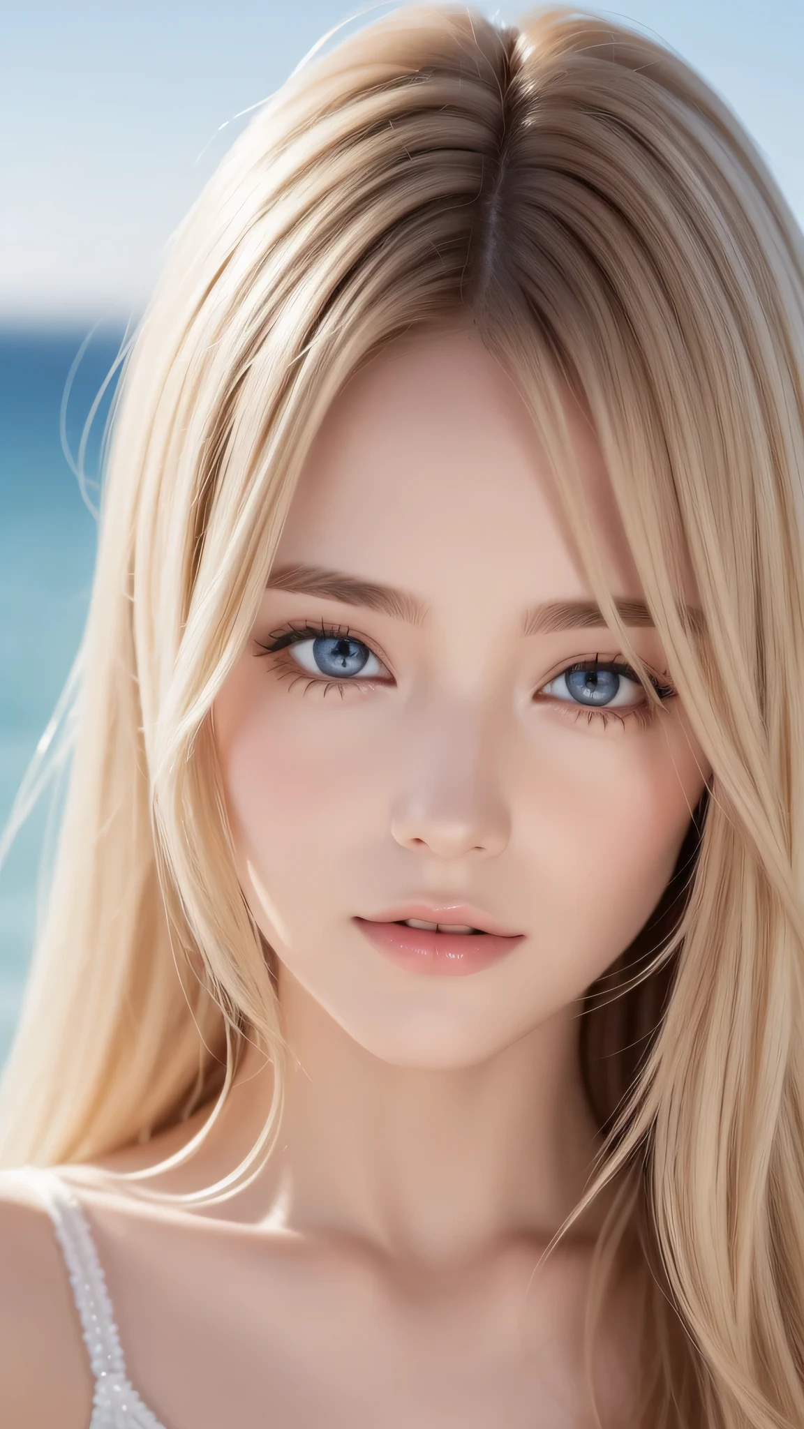 Peau blanche transparente brillante、Wind hair gets in the way of a pretty face、Colossal、20 ans mignon sexy petit beau visage、De beaux cheveux raides qui brillent、grand, Yeux bleu clair brillants、Longue frange soyeuse couvrant les yeux mignons, Sexy visage cachant cheveux super cheveux longs sexy mignon jeune femme long naturel blond brillant cheveux brillants