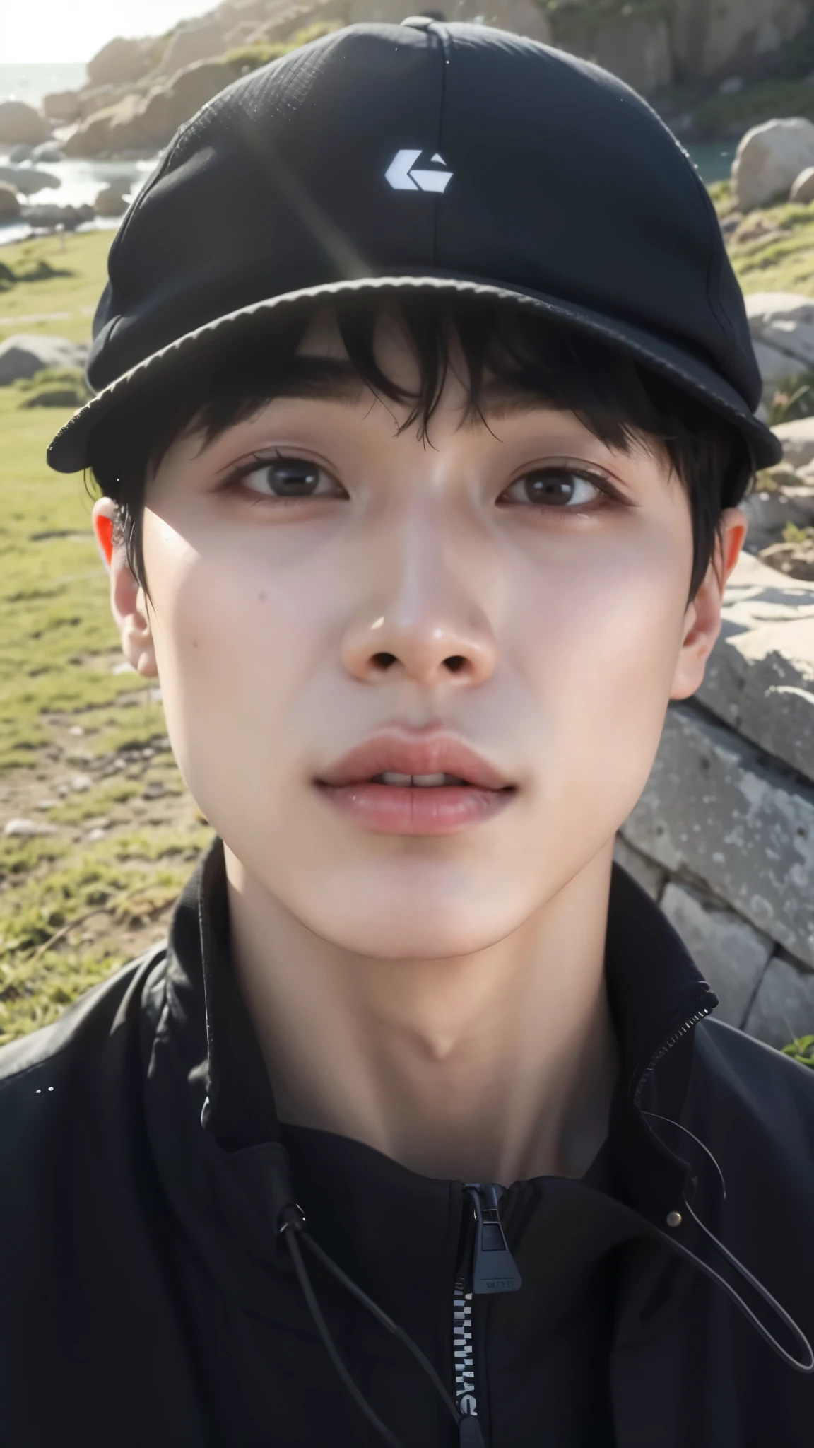 A closeup of a person wearing a hat and a jacket, Kim Doyoung, accurate Jimin face, adorable and pale korean face, taejune kim, Jimin\the full lips, Yanjun Chengt, park Jimin, Jimin, Jimin\o nariz grego, Jimin\the right eyelid is swollen, 1 Menino de 7 anos, rosto magro