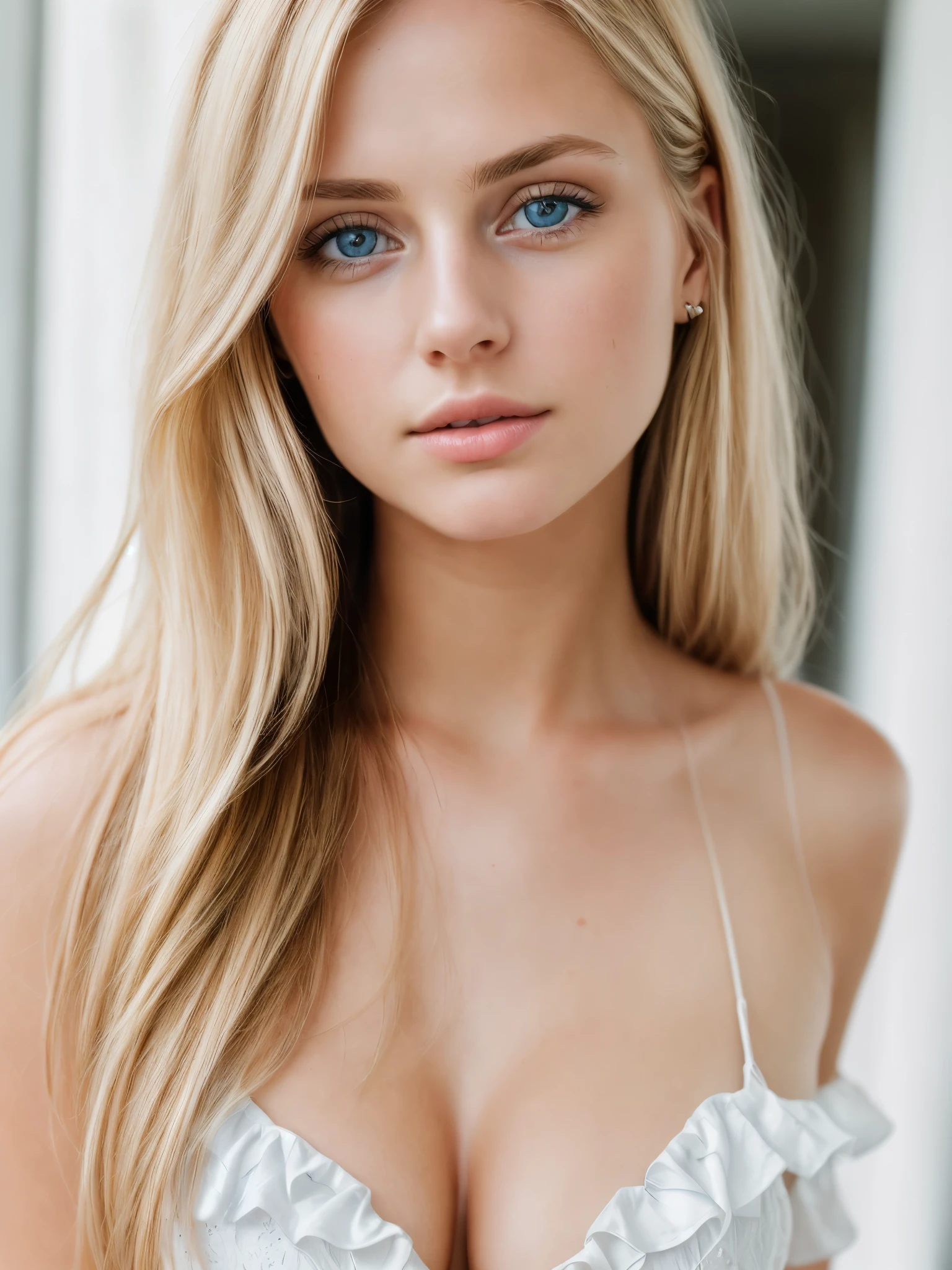 Young Blonde Woman, Beautiful Woman,Straight Hair, (Masterpiece, Top Quality, High Resolution:1.4), 1 girl,20years old,huge breasts,angel,abs, skin pore texture, blonde hair, HD , photo, cinematic, full body, realistic,distant view, (8K, RAW photo, Top Quality, Masterpiece:1.2), ( realistic, photo-realistic:1.33), best quality, detailed eyes blue, cute,natural light, depth of field, film grain, wrinkled skin, sharp, detailed and realistic a woman , outside,show us her cleavage, staring at camera, ruffled lips soft natural light, portrait photography, magic photography, dramatic lighting, photorealism, super detailed, intimate portrait composition, Leica 50mm,suit