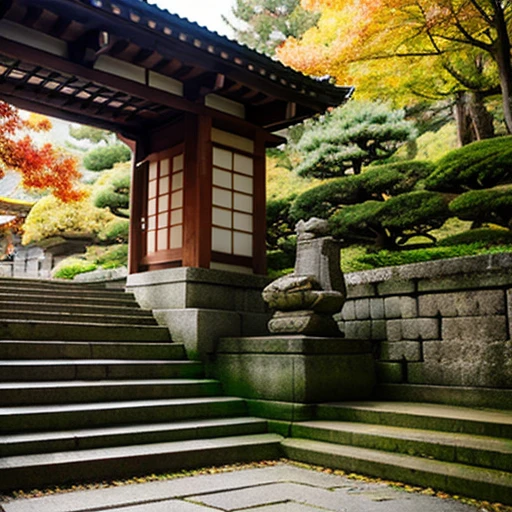 A guardian dog with big eyes is sitting on the stairs, facing straight ahead.,wooden,Temple of Japan,temple bell,Tesuisha,Jizo,waterfall,autumn leaves,端の方にJizoの像が小さく置かれている,stairs in the precincts,deep in the mountains