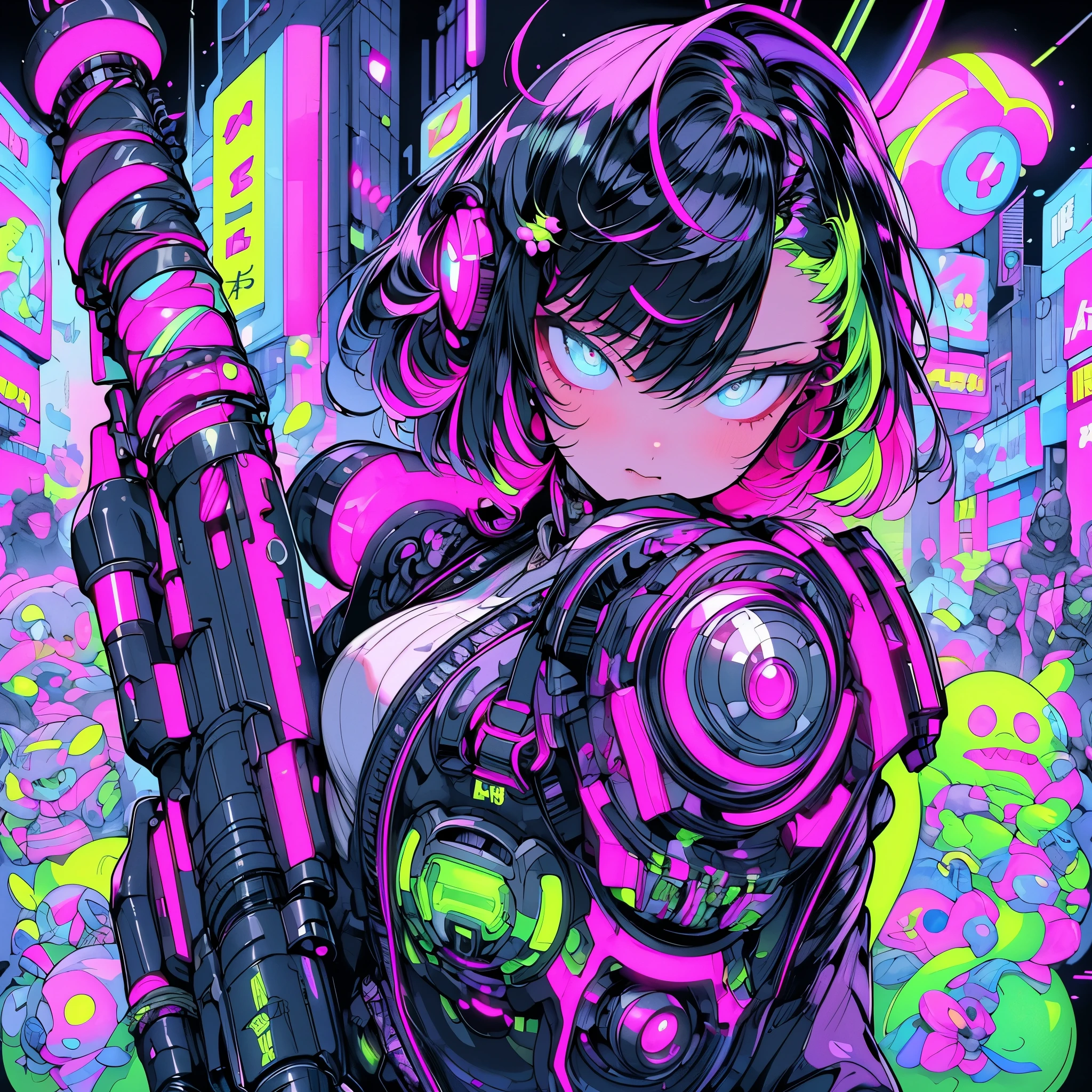 wallpaper, 8k, 800 mm lens, cinematic, masterpiece, beautifully detailed, futuristic female, ghost in the shell, holding a gun, shooting with neon shells, neon colors, neon hair, short hair, neon outfit, cyber punk, neon signs, neon futuristic city
