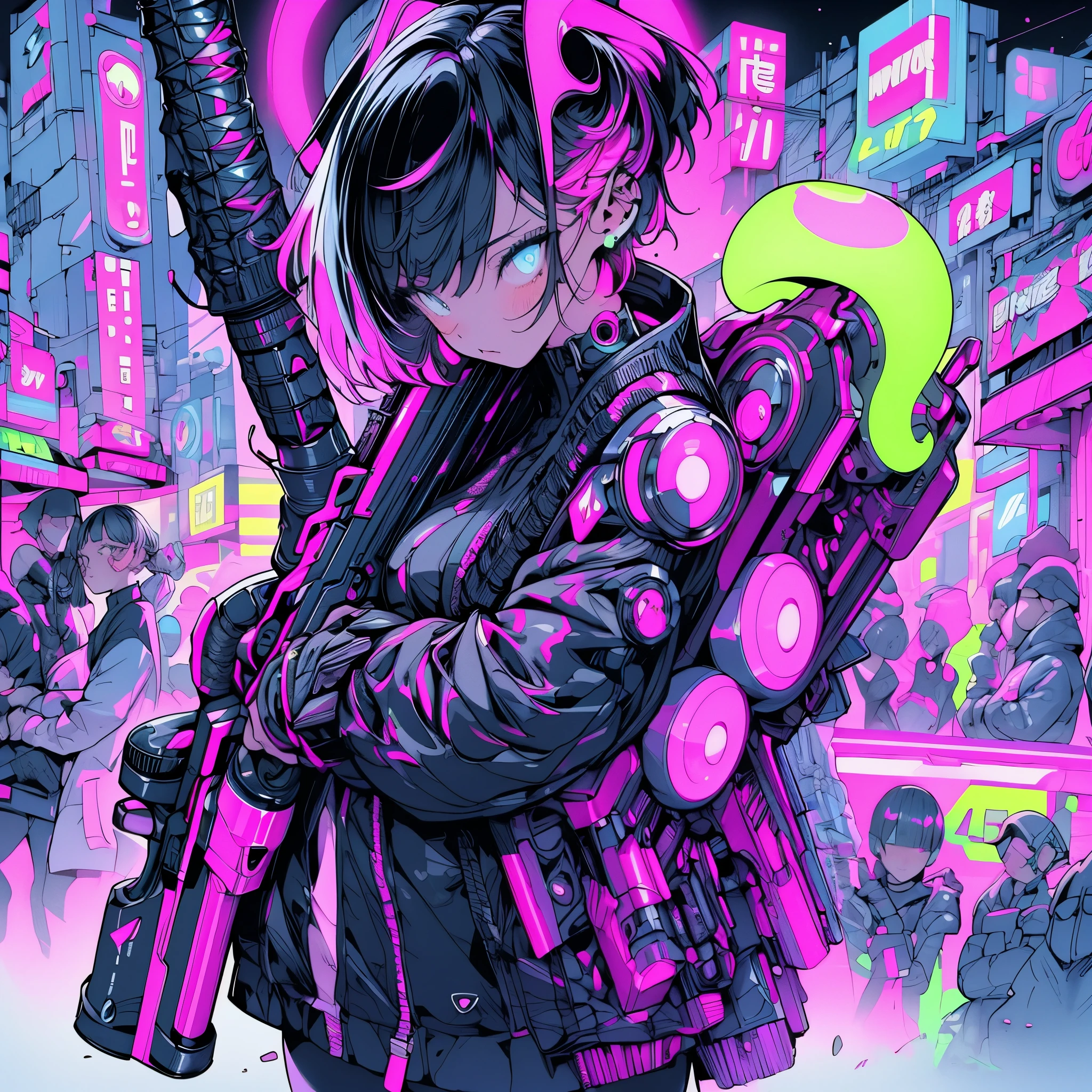 wallpaper, 8k, 800 mm lens, cinematic, masterpiece, beautifully detailed, futuristic female, ghost in the shell, holding a gun, shooting with neon shells, neon colors, neon hair, short hair, neon outfit, cyber punk, neon signs, neon futuristic city