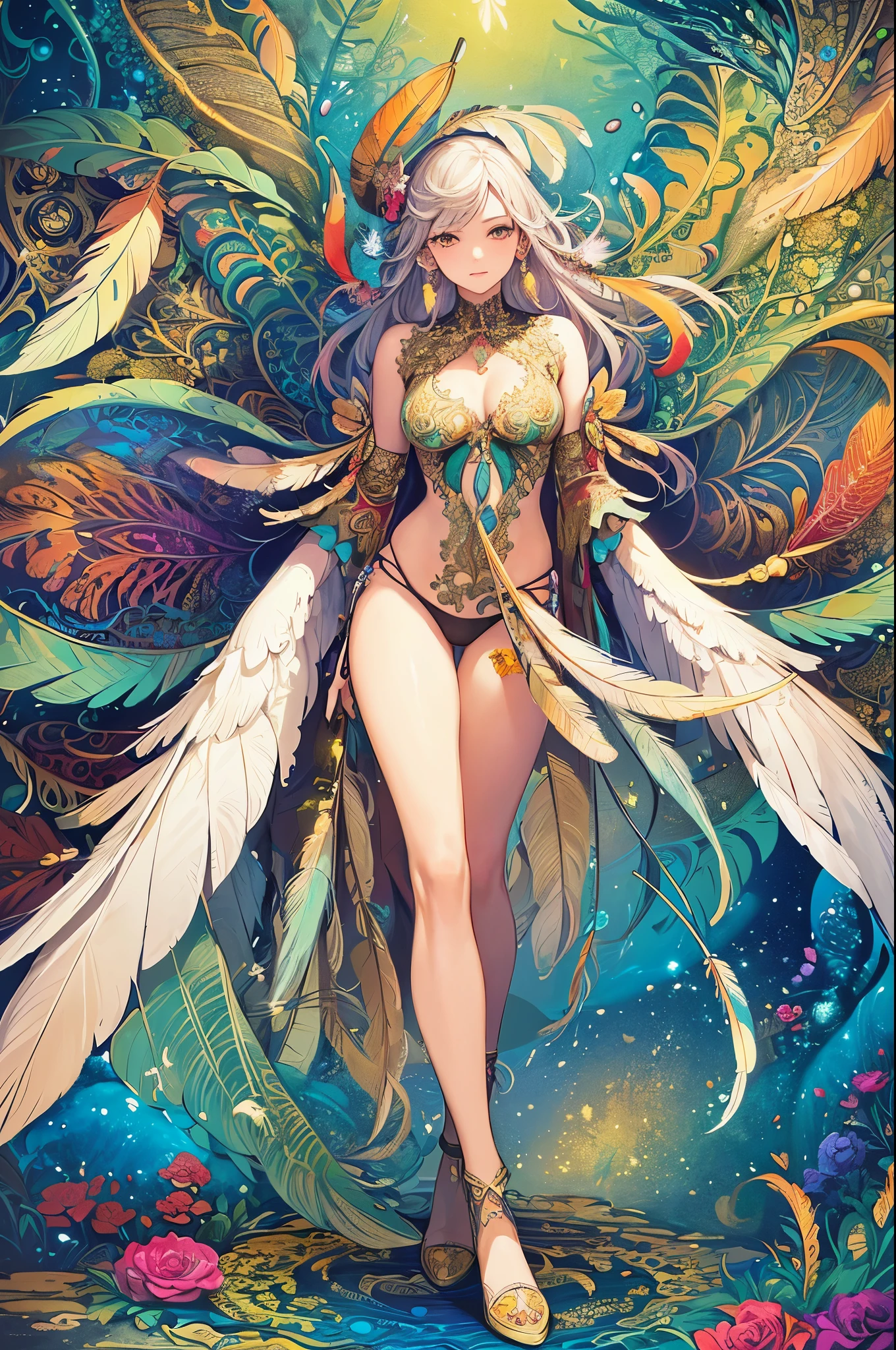 (masterpiece, top quality, best quality, official art, beautiful and aesthetic:1.2), (1girl:1.3), extremely detailed,(fractal art:1.1),(colorful:1.1)(flowers:1.3),highest detailed,(zentangle:1.2), full body, (abstract background:1.3), (shiny skin), (many colors:1.4), ,(earrings), (feathers:1.5),