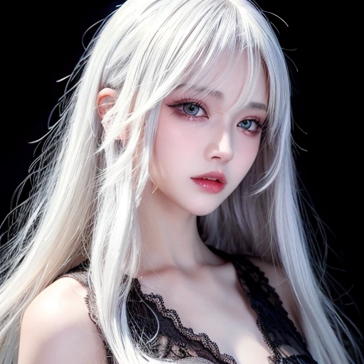 ((Masterpiece,best quality)),1 girl,Beautifully detailed eyes, detailed face, (full body:1.2), long white hair, conjunctivitis,small breasts, (black background:1.2), blood particles, Shading face 