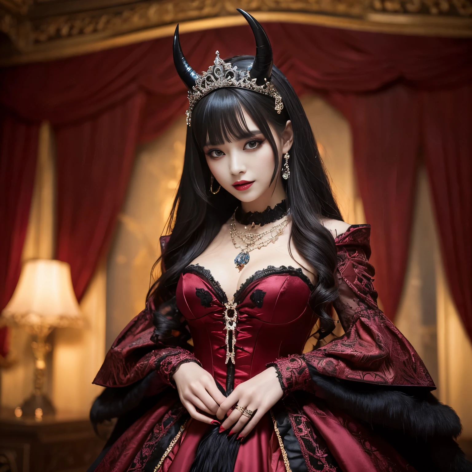 (highest quality、masterpiece、Award-winning work、best image quality、highest resolution、8K、Ultra high definition)、the most beautiful devil princess、(the most extravagant demon princess'The finest dresses:1.1)、(The most luxurious and exclusive intricate costumes:1.1)、(The most complex and detailed textures:1.1)、(The finest evil dress with the most detailed and intricate decoration:1.1)、(The most luxurious and highest quality giant tiara:1.1)、(The most luxurious and highest quality giant necklace:1.1)、(The most realistic textured devil horns:1.1)、(Fine jewelry decoration throughout the body:1.1)、A bewitching smile staring at me、Evil tattoo、Evil decoration、finest costumes、enchanting devil princess、big breasts、perfect makeup、evil eyeshadow、long eyelashes、black lipstick、accurate anatomy、cowboy shot、(blurred background)、(The background is the finest princess bedroom:1.2)、Spooky decoration、Evil decoration、epic movie lighting、romantic and moody