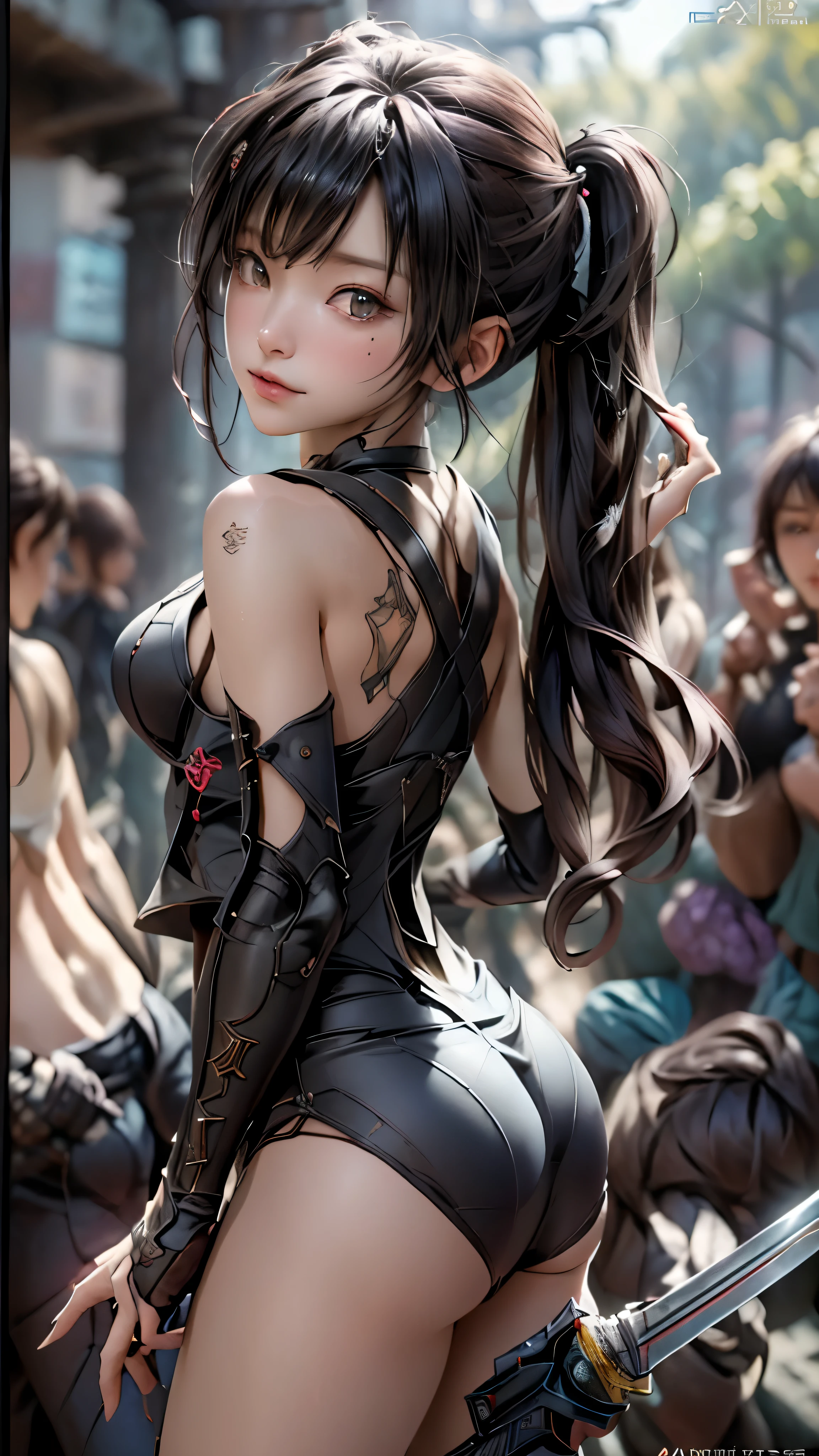 ((highest quality)), ((masterpiece)), (be familiar with:1.4), 。.。.。.3D, beautiful cyberpunk woman image,nffsw(high dynamic range),ray tracing,NVIDIA RTX,super resolution,unreal 5,scattered below the surface,PBR texturing,Post-processing,anisotropic filtering,written boundary depth,maximum clarity and sharpness,multilayer texture,Albedo and specular maps,surface shading,Accurate simulation of light-matter interactions,perfect proportions,octane rendering,two-tone lighting,wide aperture,Low ISO、White balance、Rule of thirds、8,000 students、((Holding a sword in your hand))(((look back)))