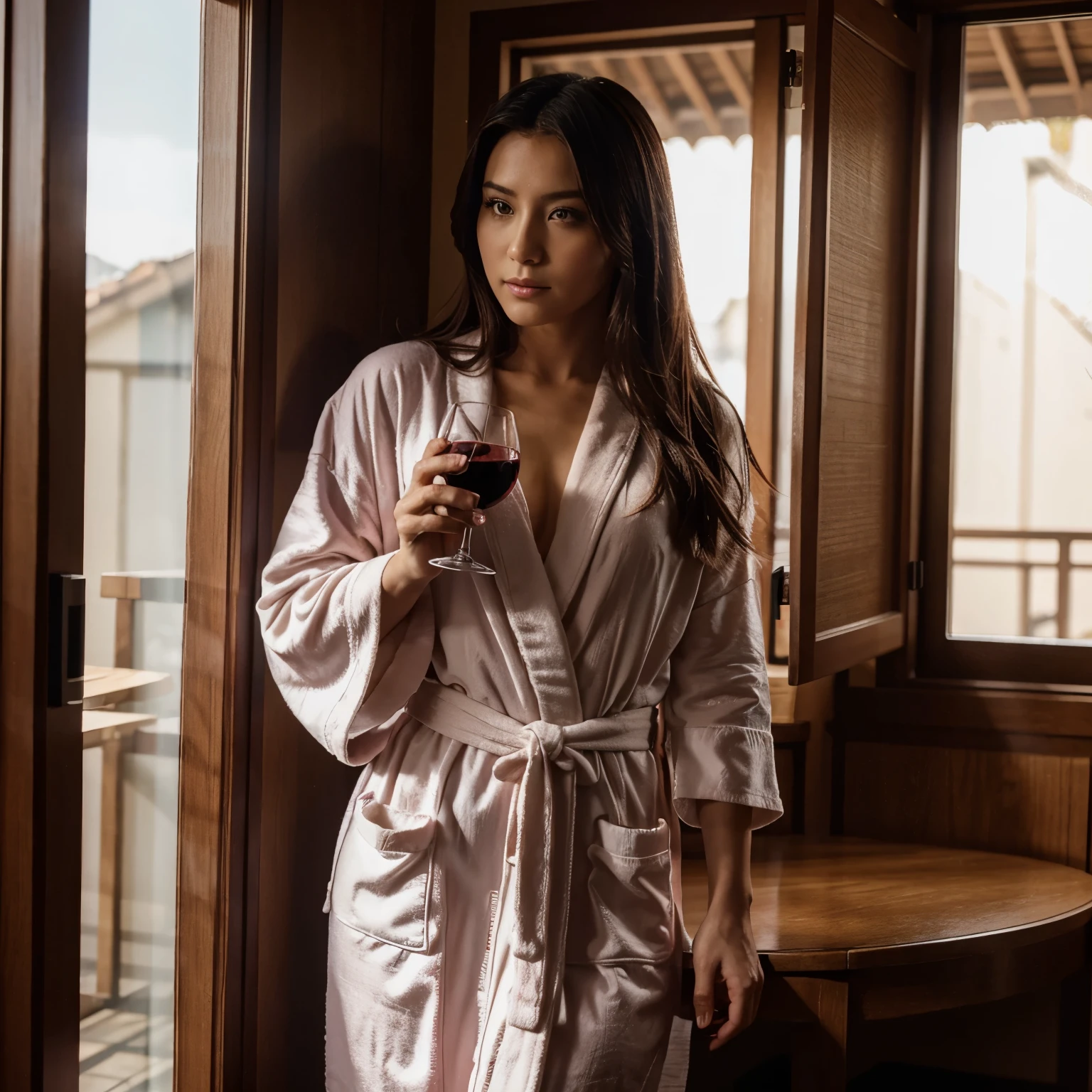 Diluc from genshin impact, drinking wine besides the window in the morning, only wear a robe