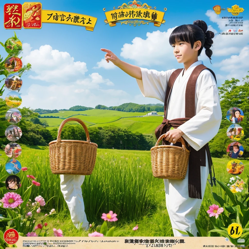  High resolution, Super detailed, masterpiece, highest quality,oriental、boy、boy working in the field、grassland、Basket Bag、Wearing traditional Japanese costumes、Japan ancient hairstyles、game poster、alone、