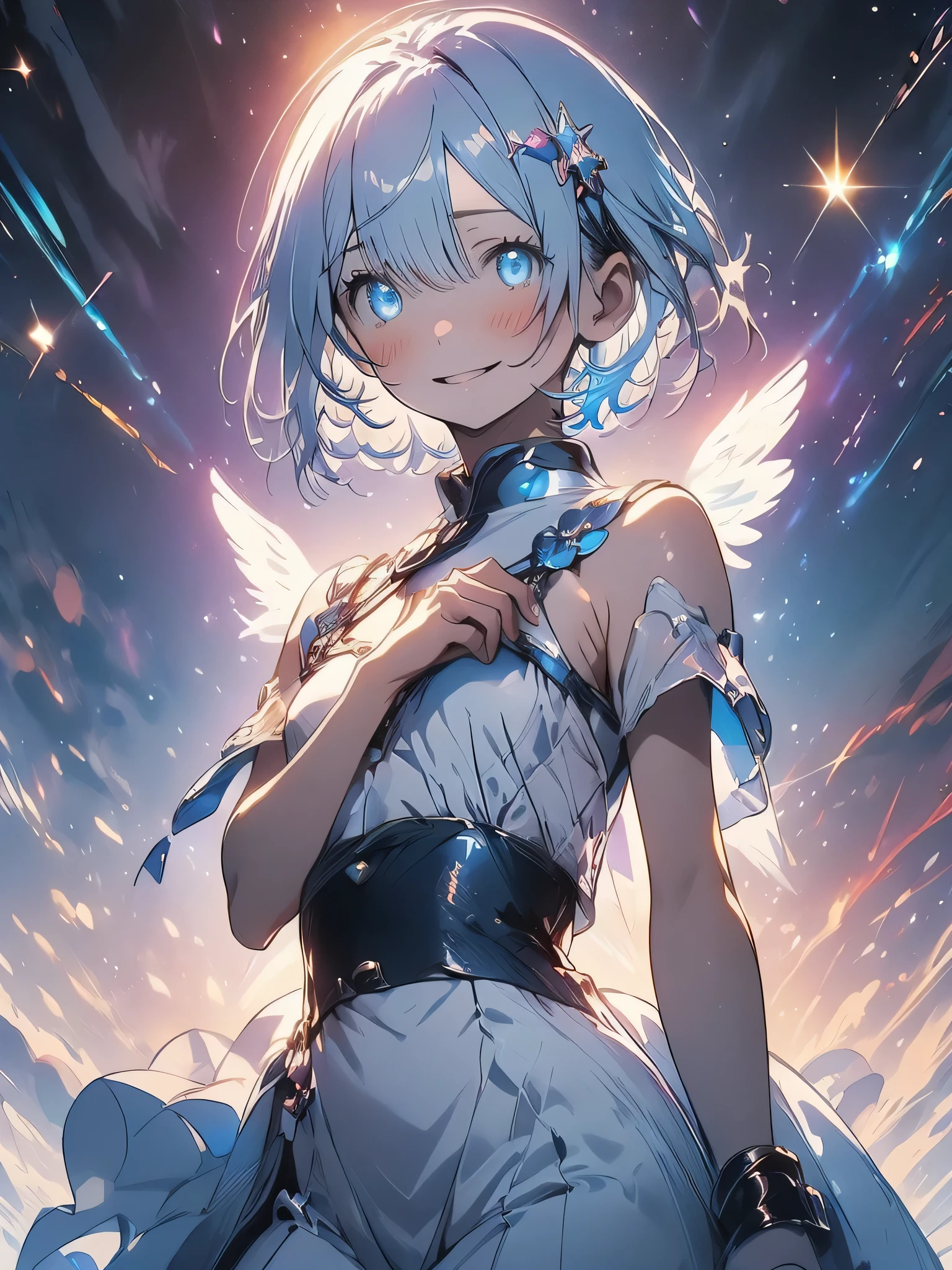 High resolution, Couboy Shot, looking at the viewer, No face or eyes,behind, (cent, small), (alone), equal scale reduction, sleep, (one cute girl:1.3), alone, white skin、 big smile、angel ring on head、A purple glowing circle floats above my head..、mini skirt、angel ring、eight-headed person, purple hair, (beaver:1.2), Mixed mesh and light blue,Eyes glowing,pale eyes、short hair, (dull bangs:1.2), beautiful hair, beautiful and detailed eyes, highly detailed eyes、sparkling eyes、octane number,cloud,Please wait、colorful starry sky,performer,Iridescent aura around the eyes、iridescent eyes、Narrowed eyes sucked in,Wearing a rainbow-colored aura from the whole body、purplish color, outdoor, Purple background, Shadow lighting,Hands folded behind the waist,Decisive pose、Detailed CG, (perfect hands, perfect anatomy)、stick out tongue(1:3)、Happier appearance