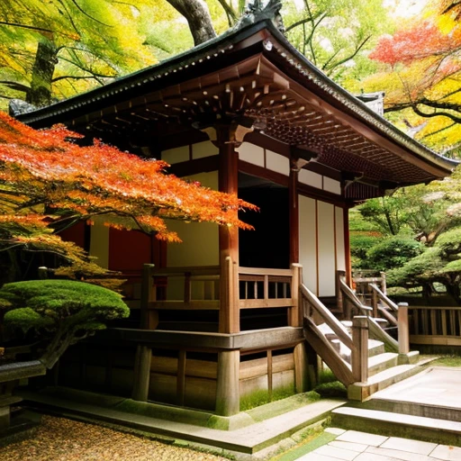 A dragon is flying above,wooden,Temple of Japan,temple bell,Tesuisha,Jizo,waterfall,autumn leaves,端の方にJizoの像が小さく置かれている,stairs in the precincts,deep in the mountains,photograph