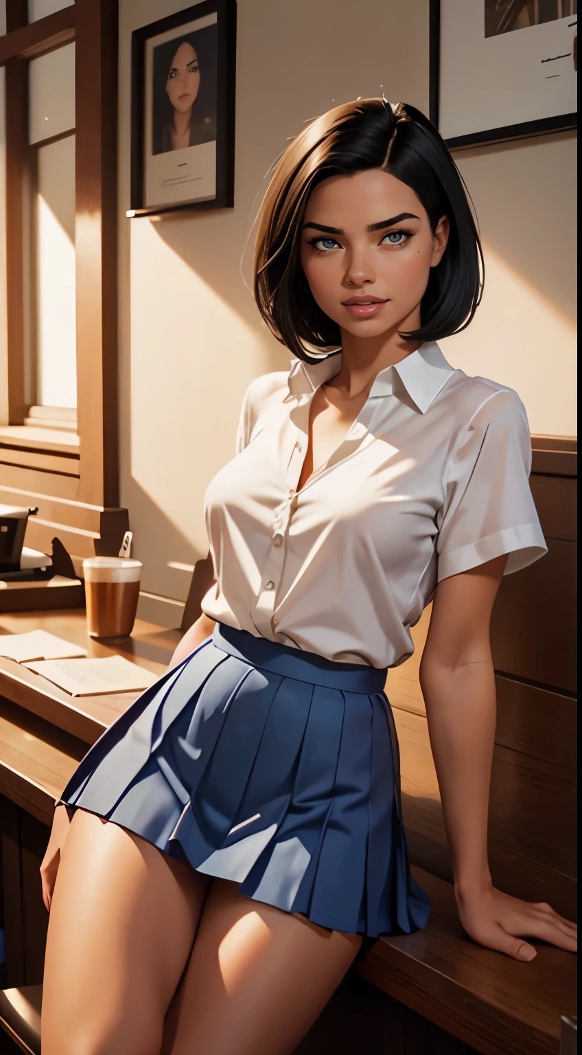 Foto hiperrealista en primer plano de Adriana Lima, masterpiece, best quality, (photorealistic:1.4), full body, (white blouse:1.2), (blue pleated skirt below the knees:1.1), heels, coffee shop, cinematic light, beautiful woman, photo oh whole person, skinny, medium breasts, black short hair (bob short hair:1.2), detailed face, smile, facing the camera, photo taken from a distance, age of 16 years old